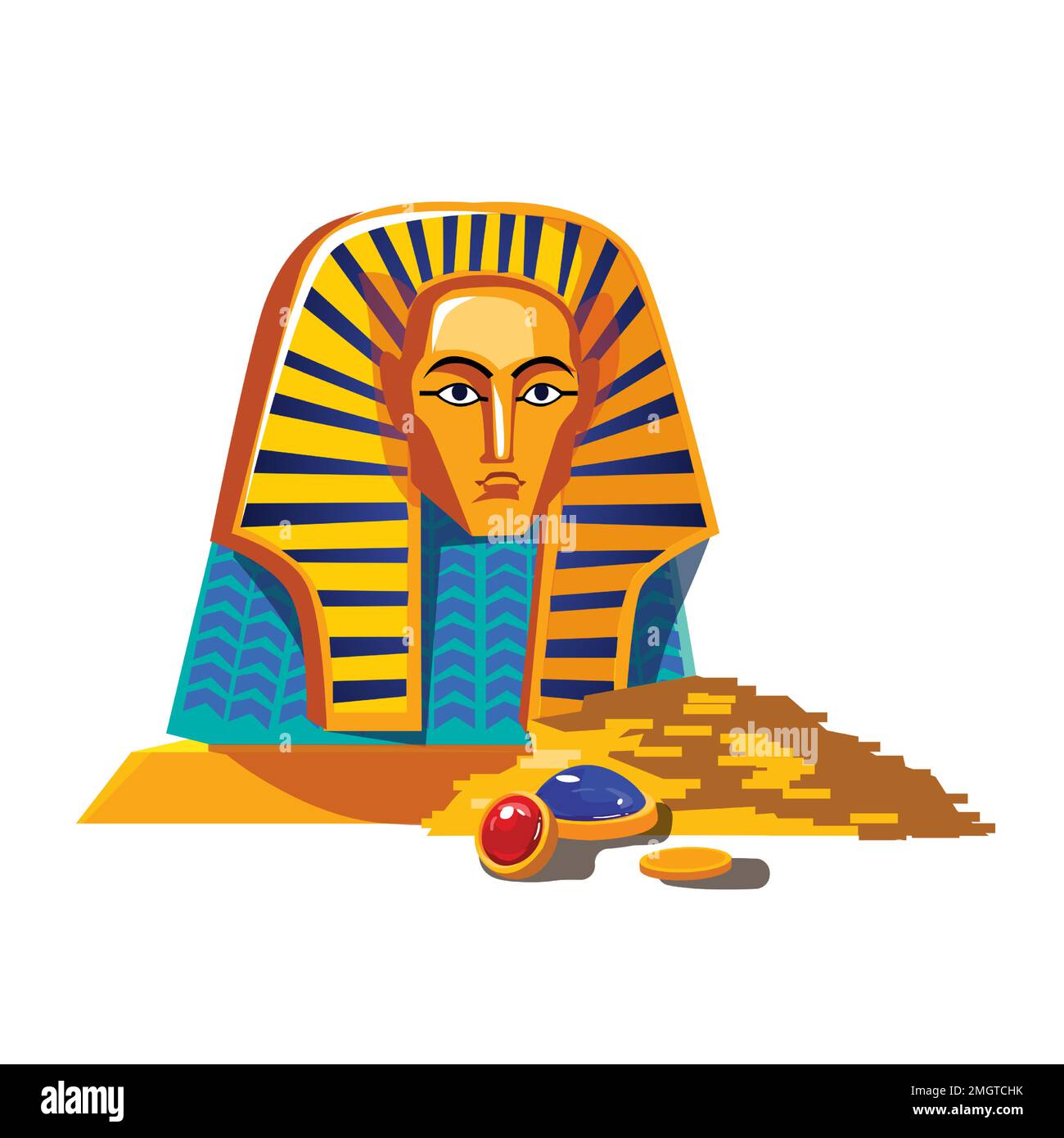 Illustrazione vettoriale del cartone animato dell'antico Egitto. Simbolo della cultura egiziana, statue dorate della testa del faraone e mucchio di monete d'oro e gemme isolate su sfondo bianco Illustrazione Vettoriale