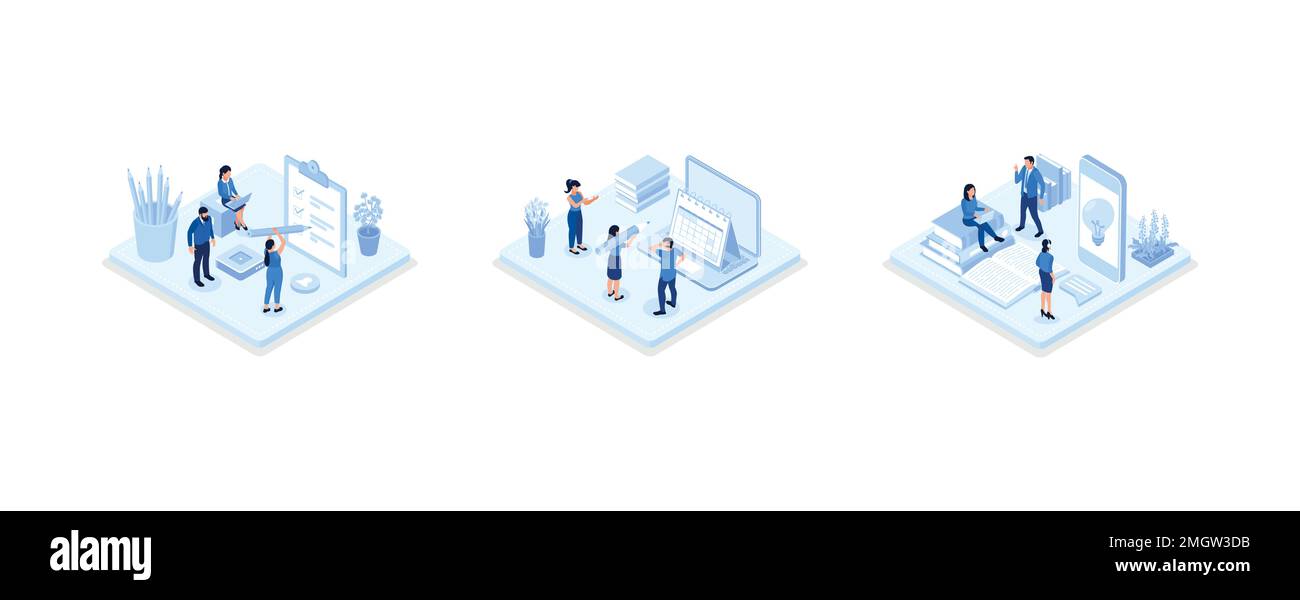 Personaggi che scrivono note e mettono adesivi sul calendario, compilando la lista delle cose da fare e il diario creativo. Concetto di pianificazione giornaliera, set isometric vector illustrr Illustrazione Vettoriale