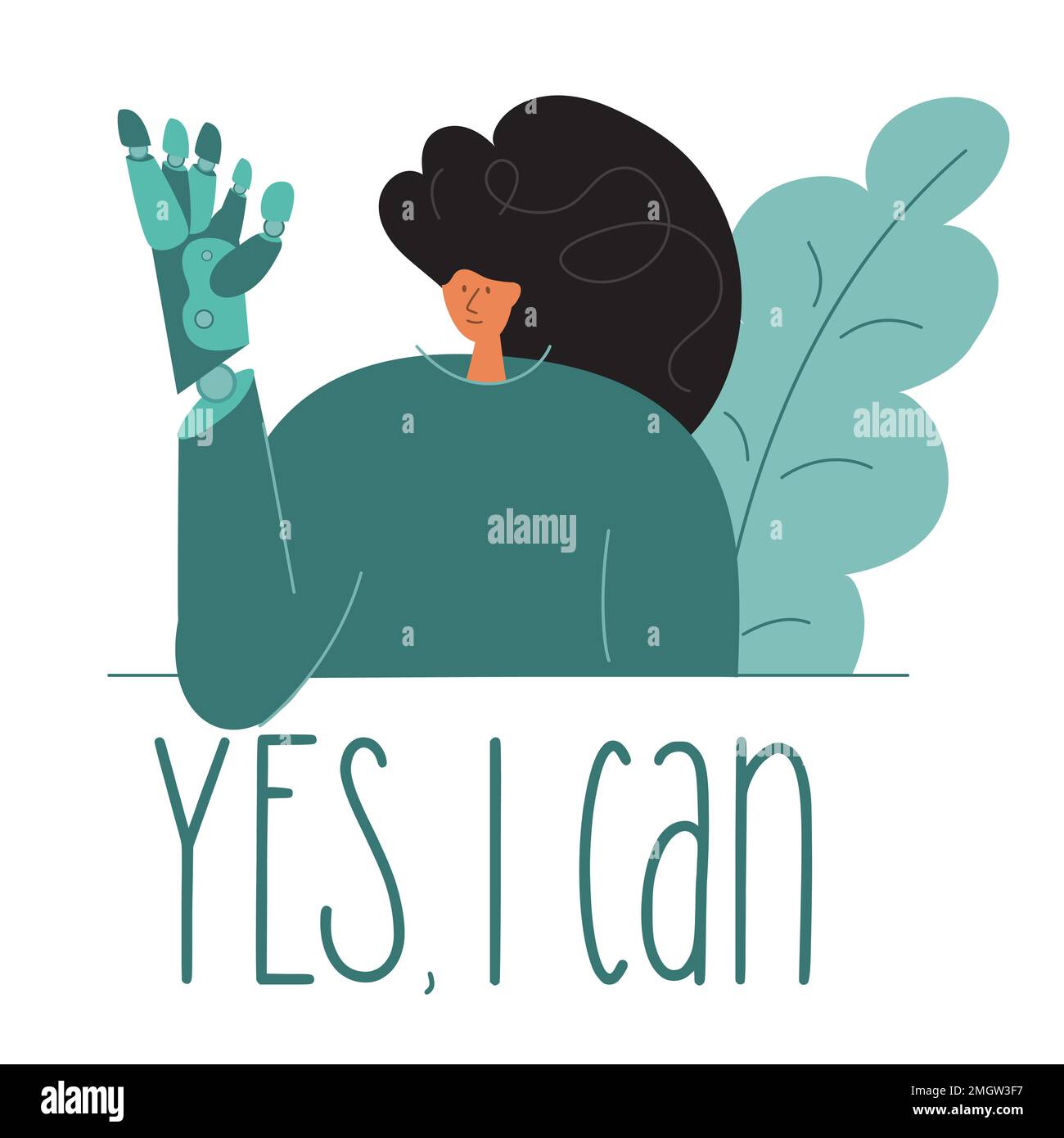 L'anomalia alla nascita della donna, persona con disabilità ha un impianto di titanio o protesi mano. Illustrazione vettoriale per poster sull'ingegneria BIONICA. Illustrazione Vettoriale