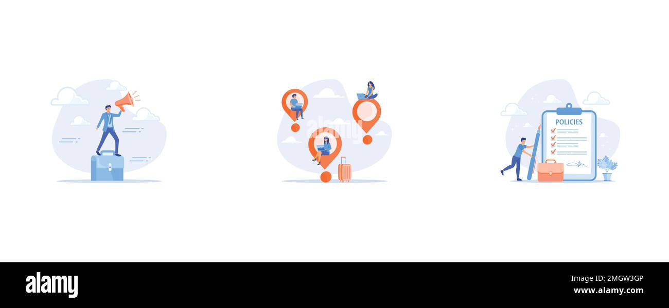 Parla, lavora e viaggia libero professionista, documento sulle politiche aziendali, imposta un'illustrazione moderna a vettore piatto Illustrazione Vettoriale