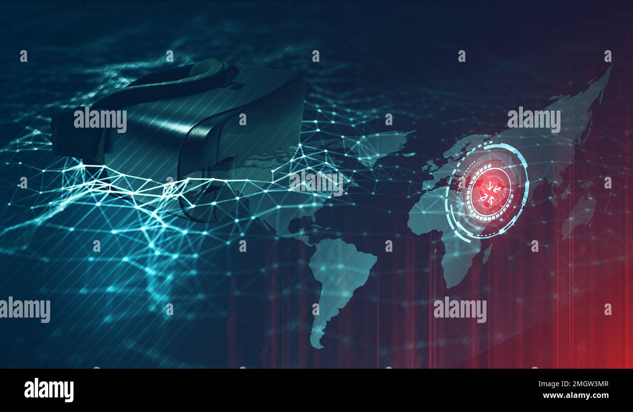 Illustrazione astratta dei media misti della realtà virtuale. Occhiali VR in rete poly bassa con mappa del mondo e area rossa di fronte. Rete mondiale di ricerca conce Foto Stock