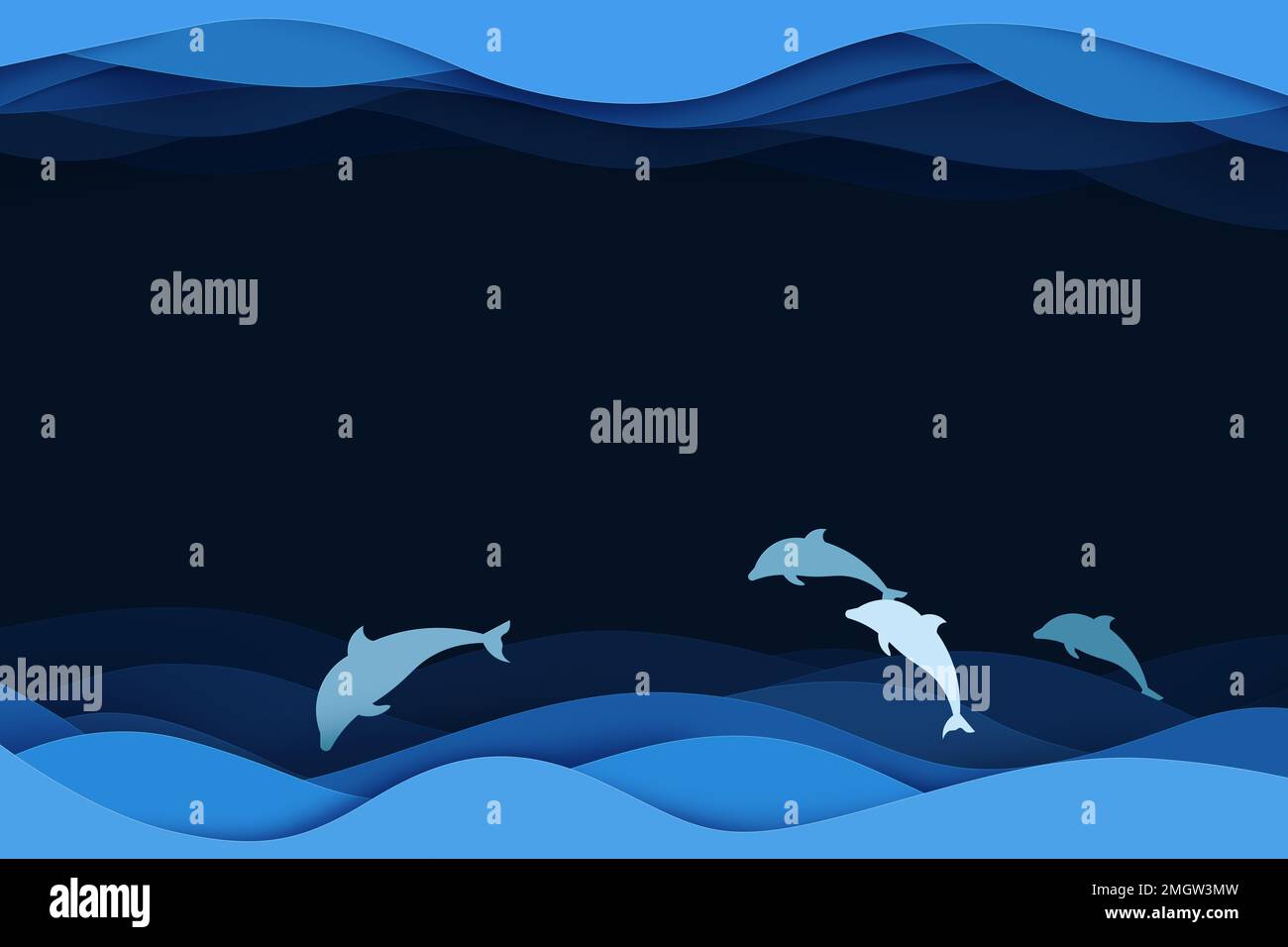 Illustrazione orizzontale su carta astratta. Applicazione con intaglio sul mare, il delfino nuota attraverso le onde. Sfondo creativo con spazio per il testo. Foto Stock