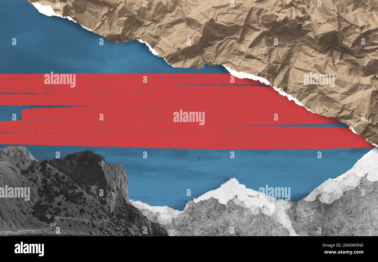 Collage surreale astratto per la creatività. Pezzi di carta colorata strappata nella composizione di paesaggio. Posto dipinto di rosso brillante per il testo. Foto Stock