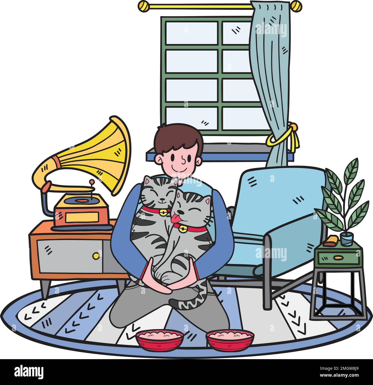 Disegnata a mano il proprietario alimenta i gatti nell'illustrazione della stanza in stile doodle isolato sullo sfondo Illustrazione Vettoriale