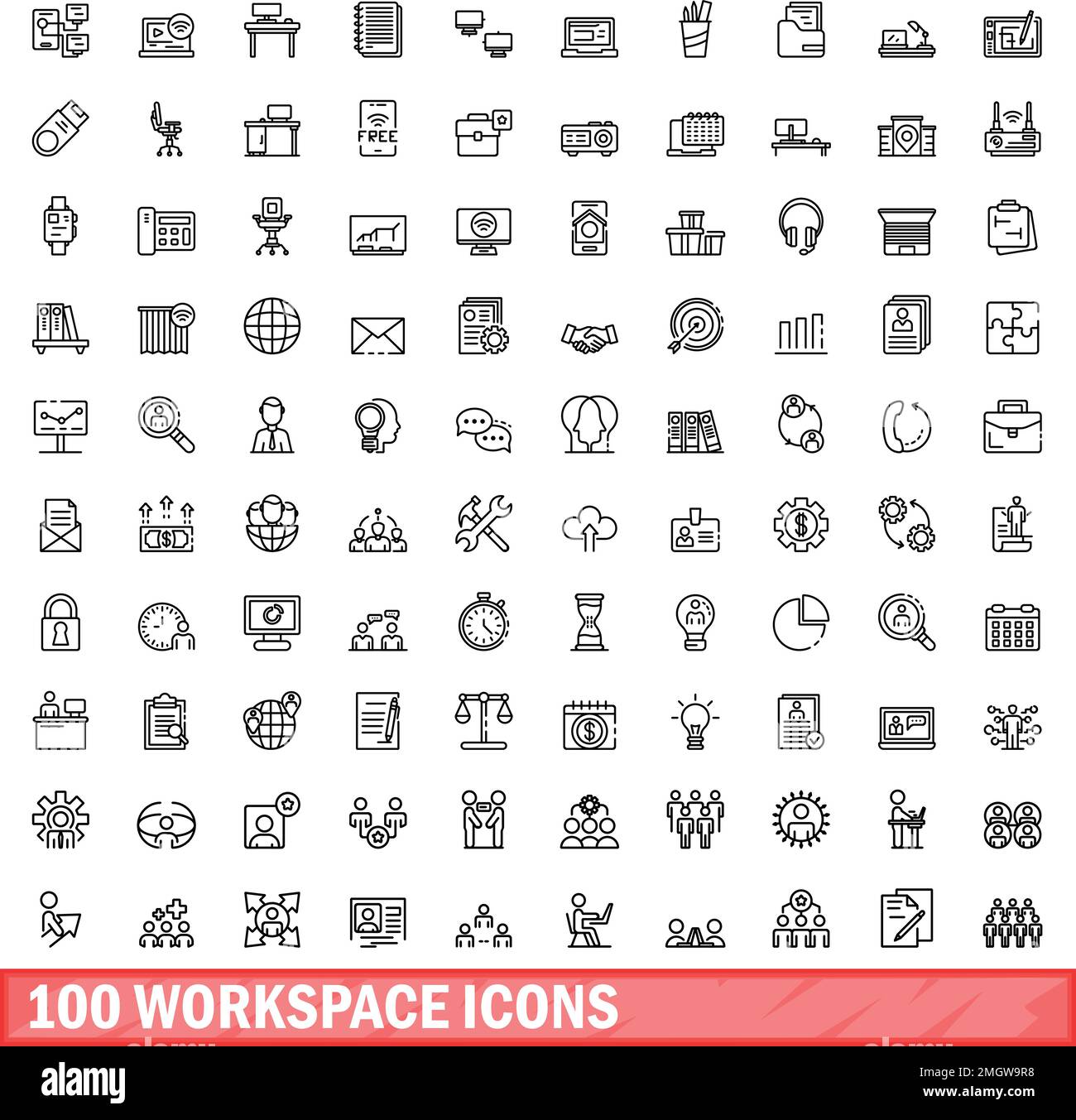 100 icone dell'area di lavoro impostate. Illustrazione di un insieme vettoriale di icone dell'area di lavoro 100 isolato su sfondo bianco Illustrazione Vettoriale
