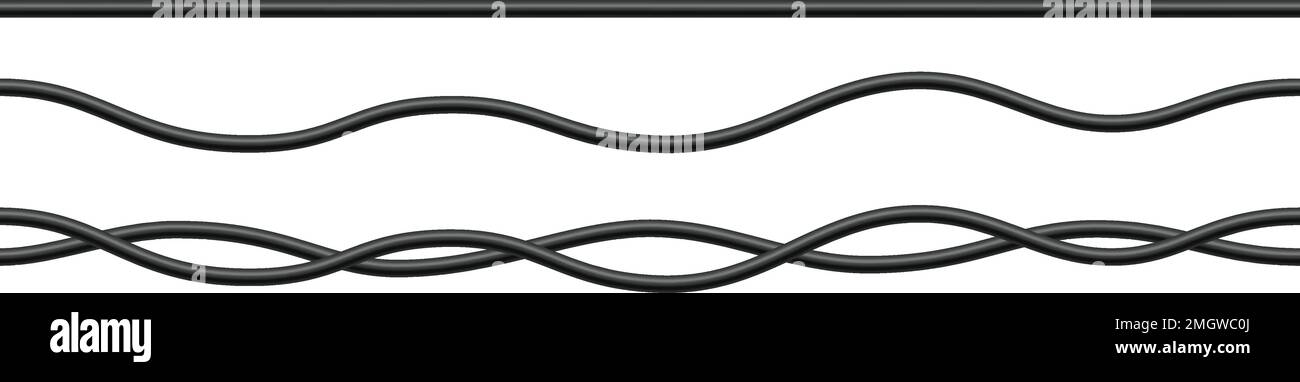 Fili elettrici realistici. Energia di alimentazione via cavo. Cavo di rete spesso flessibile. Fili neri di collegamento del calcolatore elettrico. Cavo di linea senza cuciture. Vettore Illustrazione Vettoriale