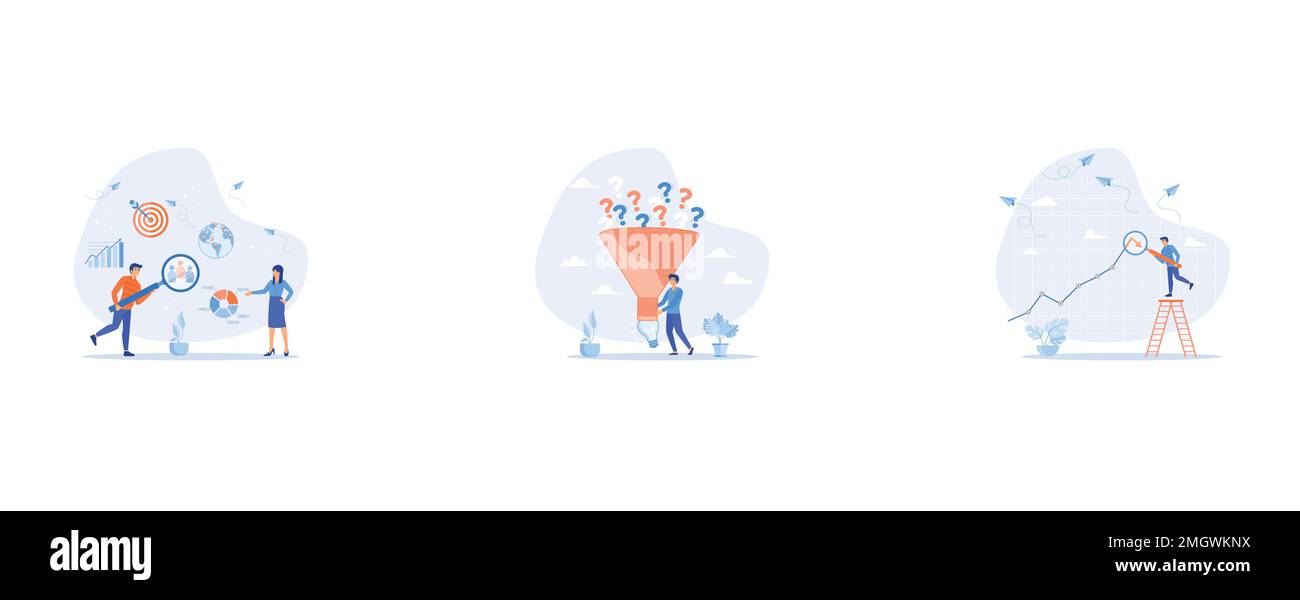 Ricerca dei clienti per il marketing, la ricerca o scoprire nuove idee, down turn o recessione economica, impostare piatto vettore moderno illustrazione Illustrazione Vettoriale
