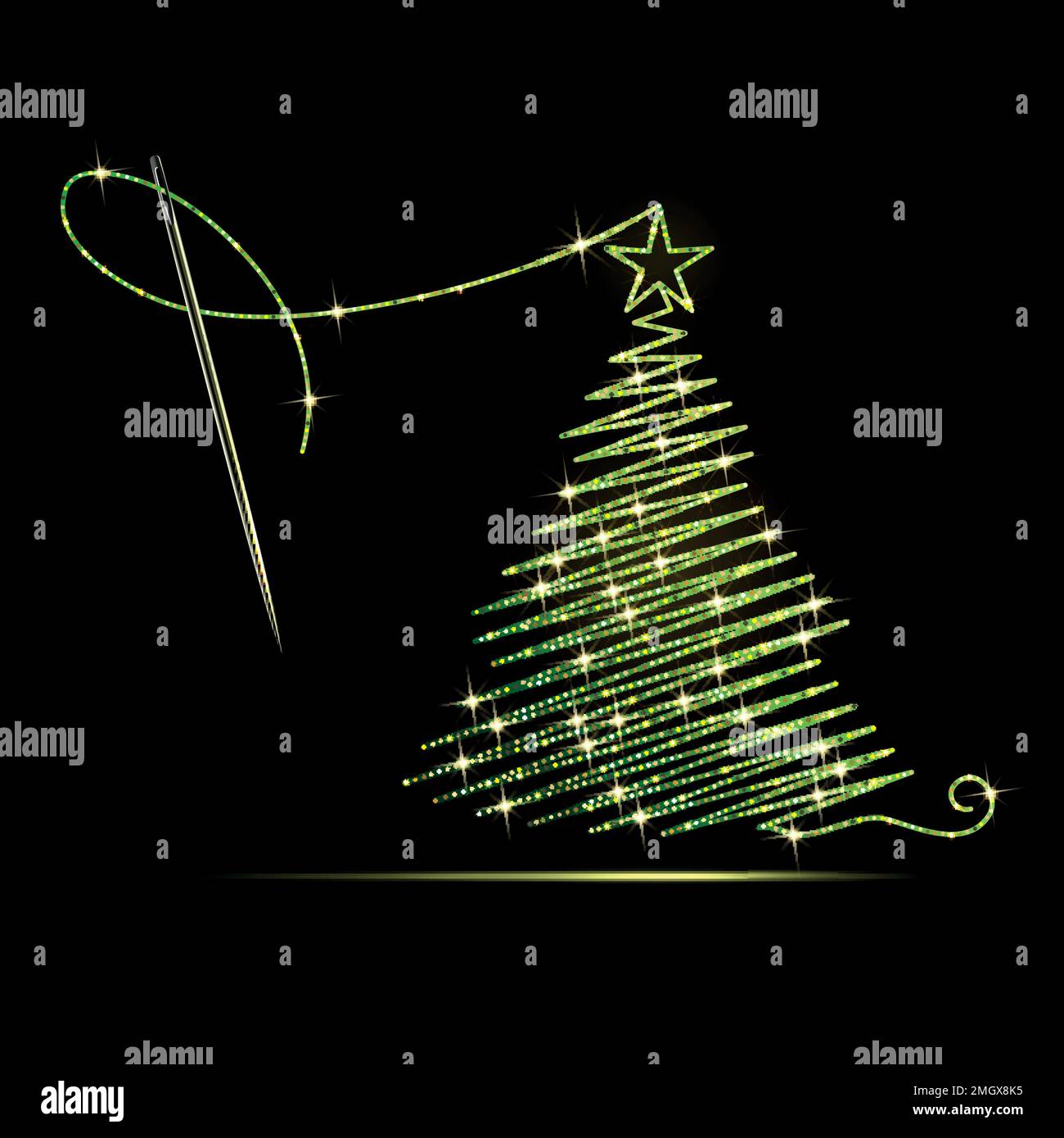 Ago da cucire con ricami di filo verde a forma di albero di Natale su sfondo nero Illustrazione Vettoriale