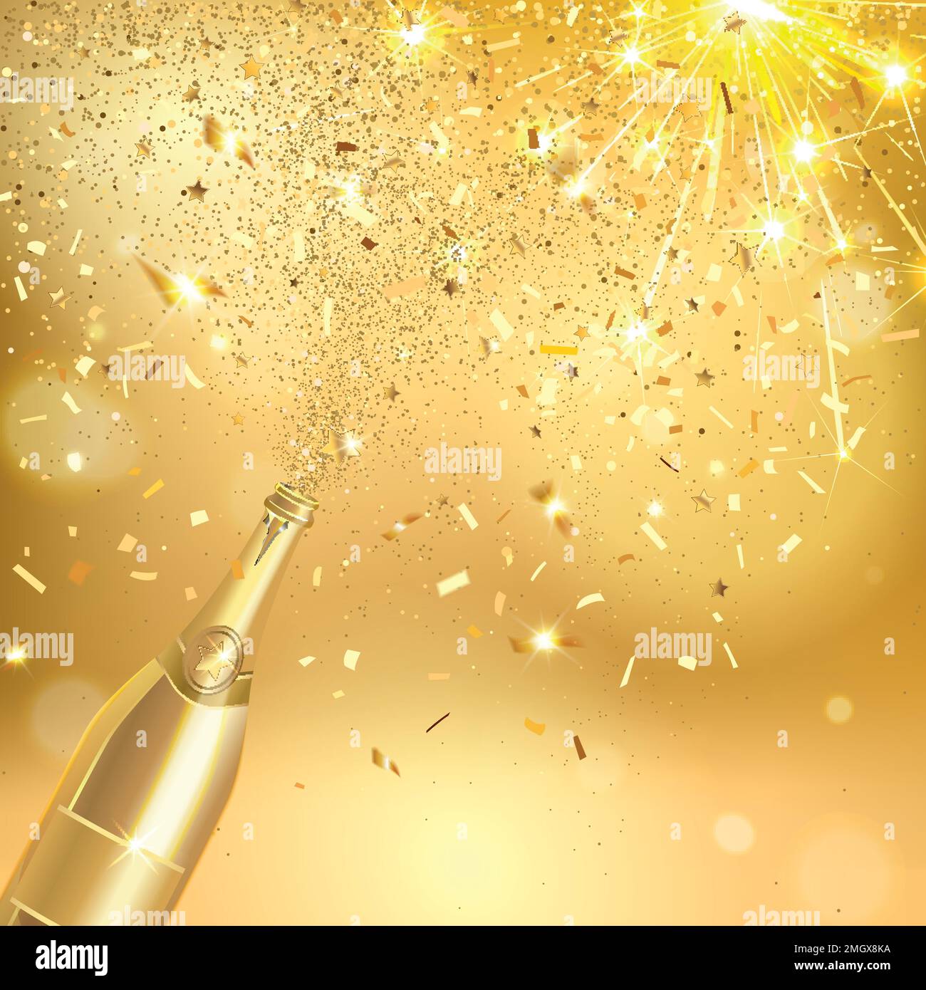 bottiglia d'oro di champagne con saluta e confetti su fondo dorato Illustrazione Vettoriale