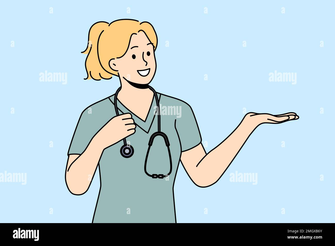 Donna sorridente infermiera in uniforme medica mostra un buon affare o offerta. Felice medico femminile o GP consiglia la vendita o la promozione. Medicina e sanità. Illustrazione vettoriale. Illustrazione Vettoriale