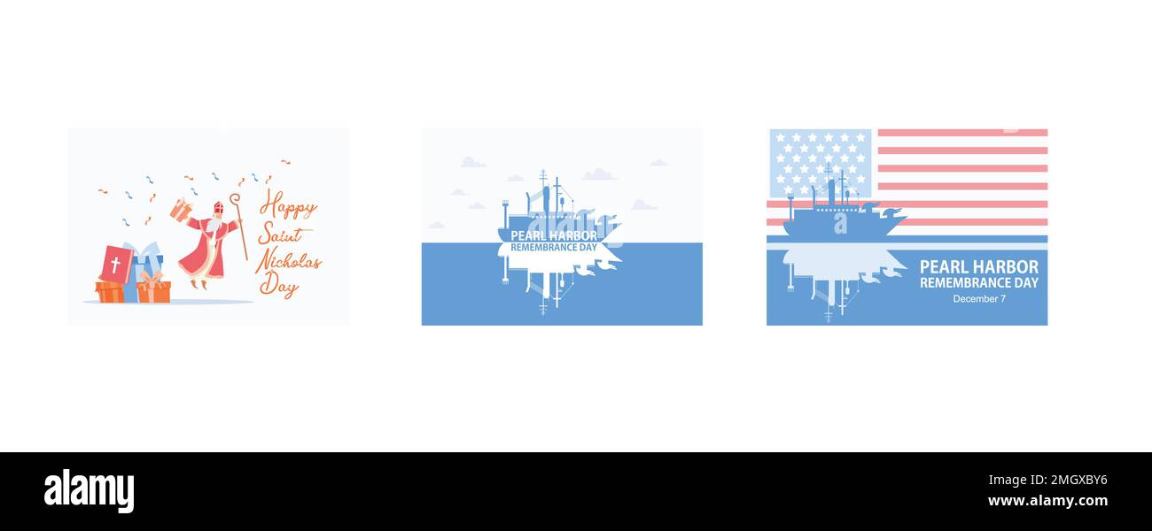 Happy Saint Nicholas Day, National Pearl Harbor Remembrance Day, 7 dicembre, set piatto vettore moderna illustrazione Illustrazione Vettoriale