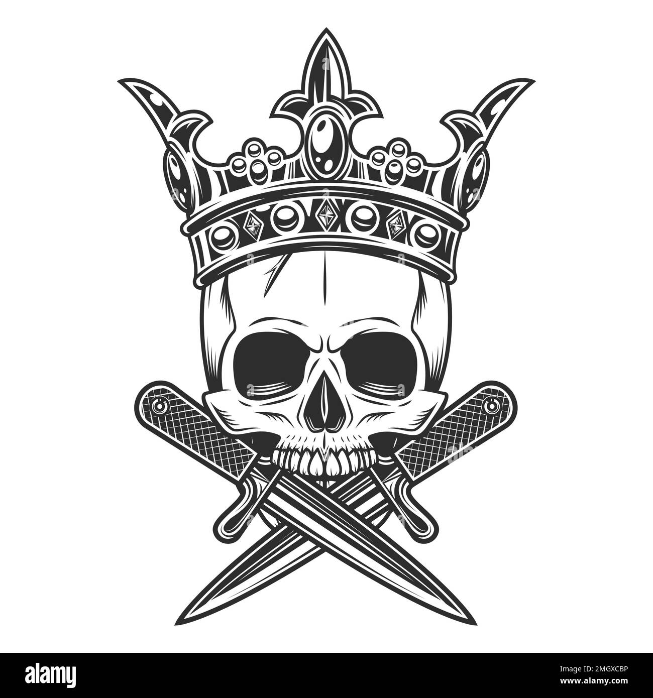 Gangster cranio re in corona con coltello incrociato in vintage monocromatico stile isolato vettore illustrazione. Scheletro di un principe bandito Illustrazione Vettoriale