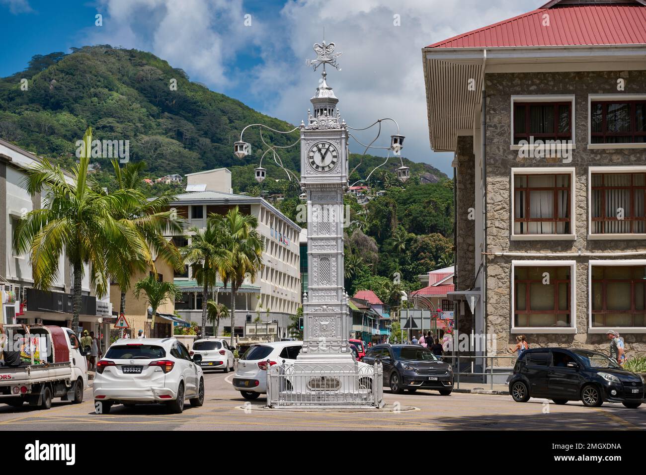 Victoria Clock Tower, Victoria, Mahe, Seychelles Foto Stock