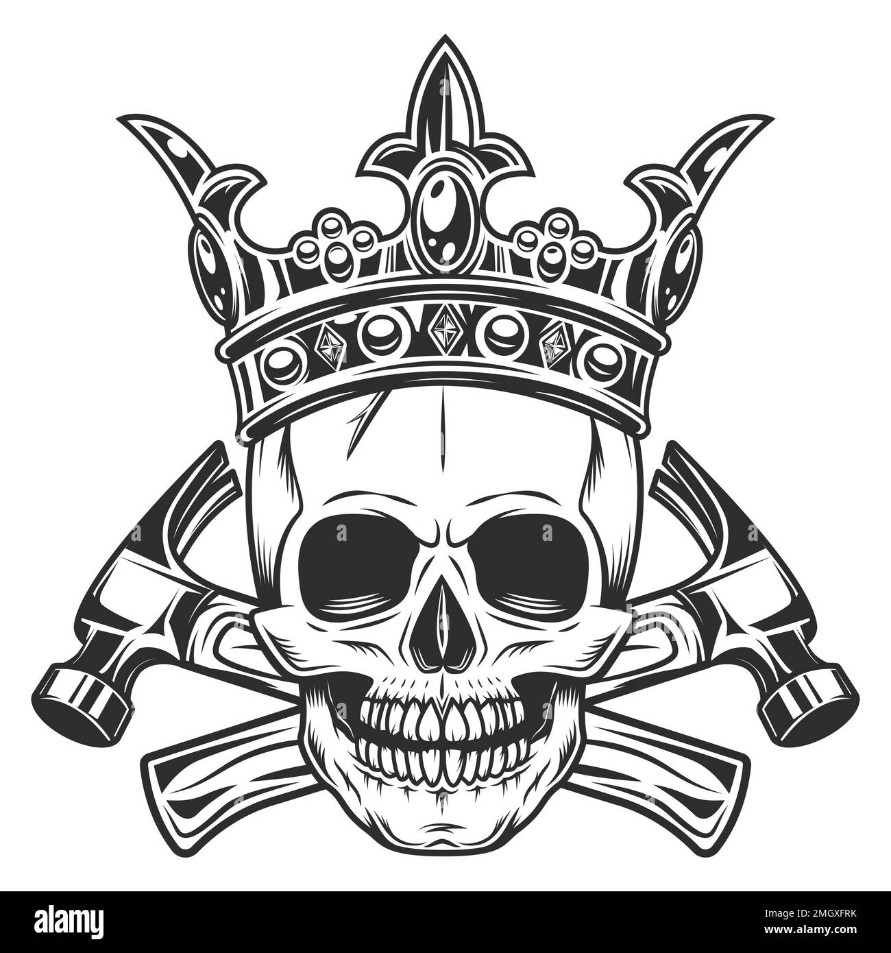 Cranio con corona reale costruttore incrociati martelli da nuova costruzione e rimodellamento casa di lavoro in bianco e nero vintage stile illustrazione Illustrazione Vettoriale