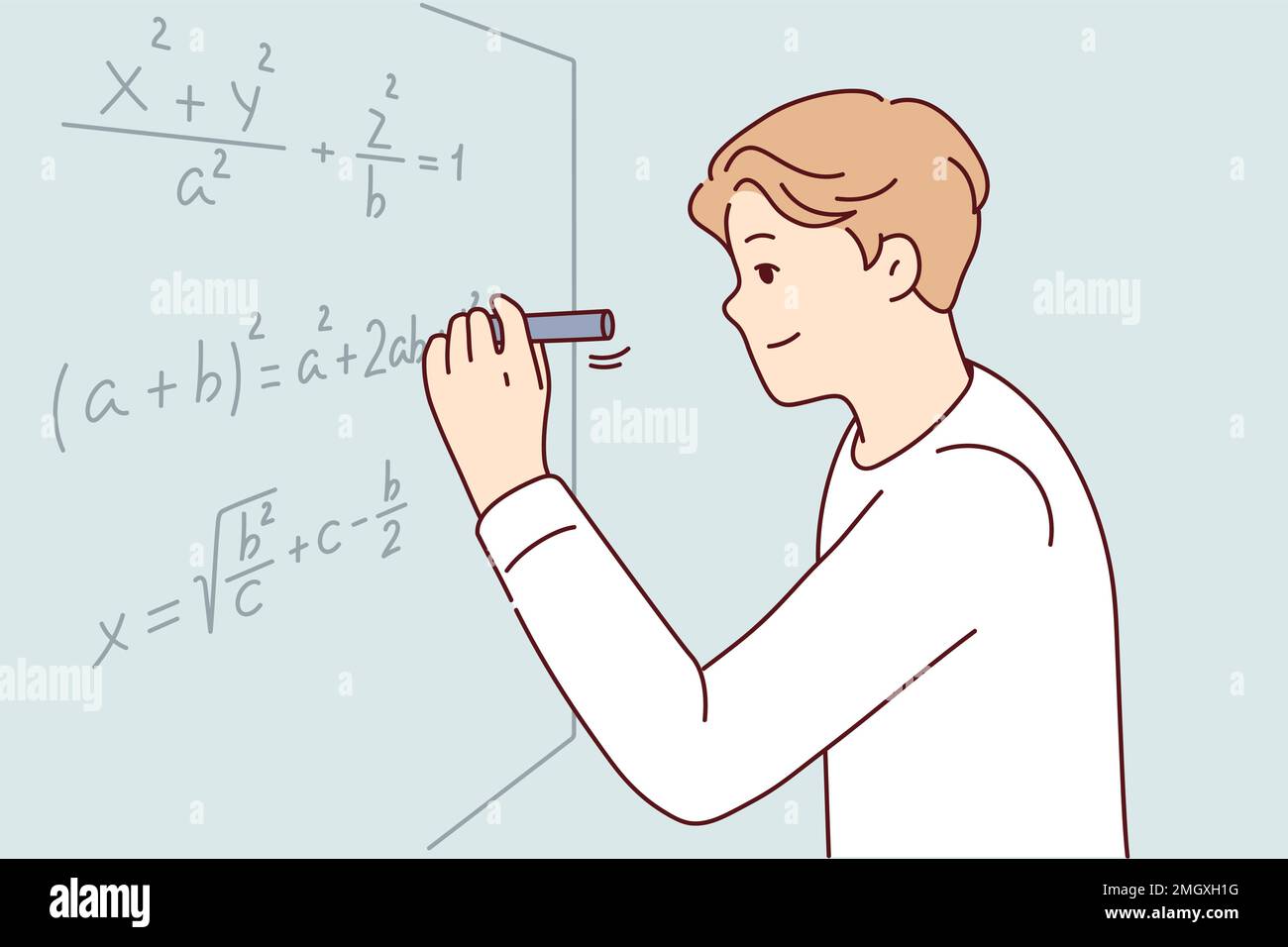 L'uomo risolve complessi problemi matematici completando compiti di insegnante universitario. Il ragazzo astuto in camicia bianca sta usando il contrassegno per scrivere la formula sulla lavagna durante l'esame dell'algebra. Disegno vettoriale piatto Illustrazione Vettoriale