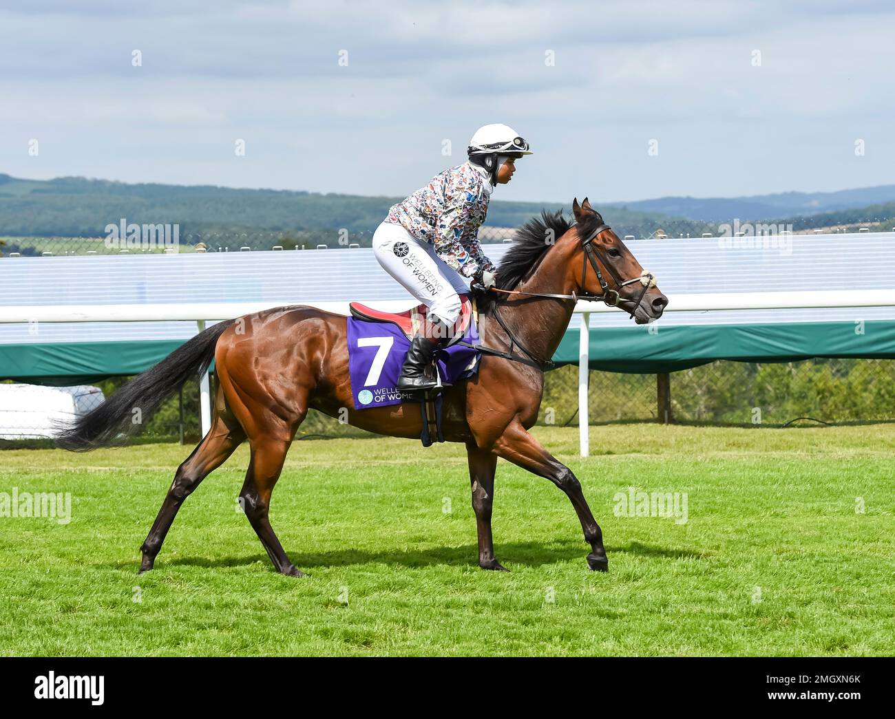 Qatar Goodwood Festival Meeting 1st agosto 2019 al Goodwood Racecourse, Chichester - Day Three - Khadijah Mellah si prepara al via prima di vincere la Magnolia Cup sull'Haverland al Qatar Goodwood Festival all'ippodromo di Goodwood, Chichester. È la prima jockey femminile musulmana del Regno Unito, ed è anche diventata il primo pilota a correre in un hijab in Gran Bretagna. Foto Stock