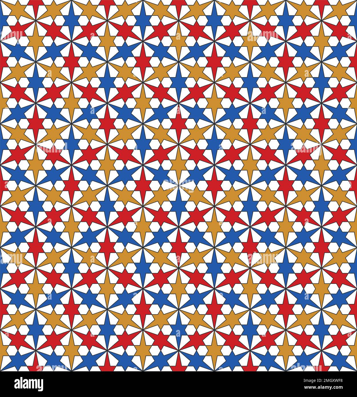 Ornamento geometrico senza cuciture basato sull'arte islamica tradizionale Blu, arancione e rosso. Grande design per tessuto, tessuto, copertina, carta da imballaggio, backgro Illustrazione Vettoriale