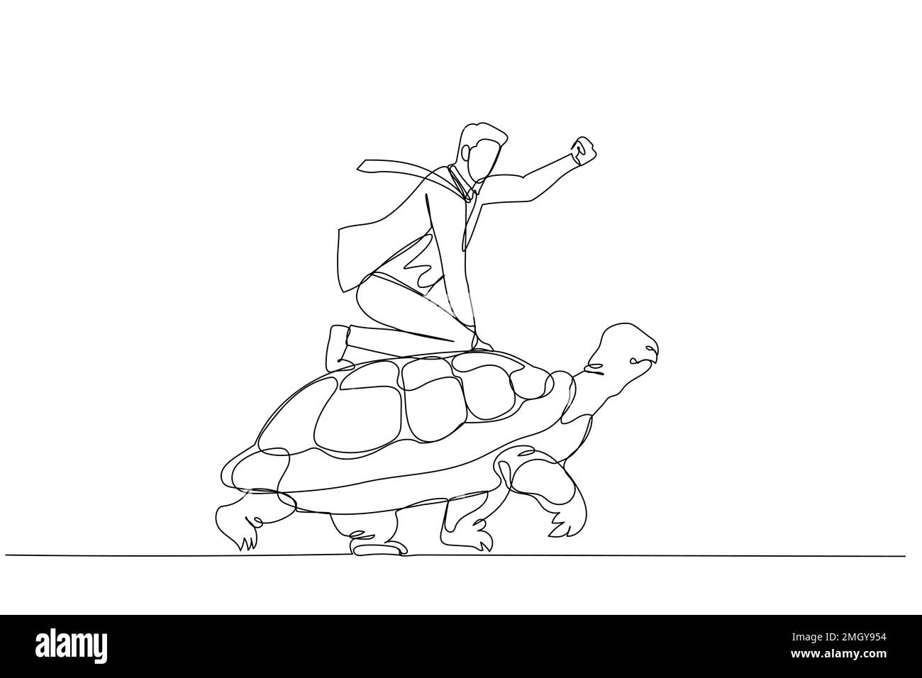 Illustrazione di un uomo d'affari che guida veloce su un concetto di tartaruga di sviluppo ad alta velocità su paesaggio lento. Stile artistico a linea singola Illustrazione Vettoriale