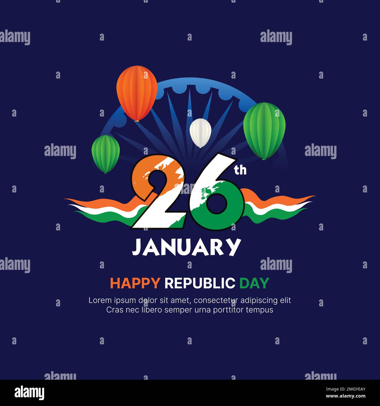 26 gennaio, 15 agosto, giorno dell'indipendenza, festa della repubblica dell'India, Ashoka Chakra e pennello tricolore. sfondo vettore. Illustrazione Vettoriale