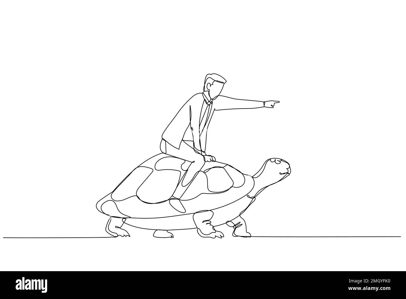 Cartone animato di uomo d'affari che cavalcano tartaruga che camminare lentamente concetto di sviluppo di affari. Uno stile artistico a linea continua Illustrazione Vettoriale