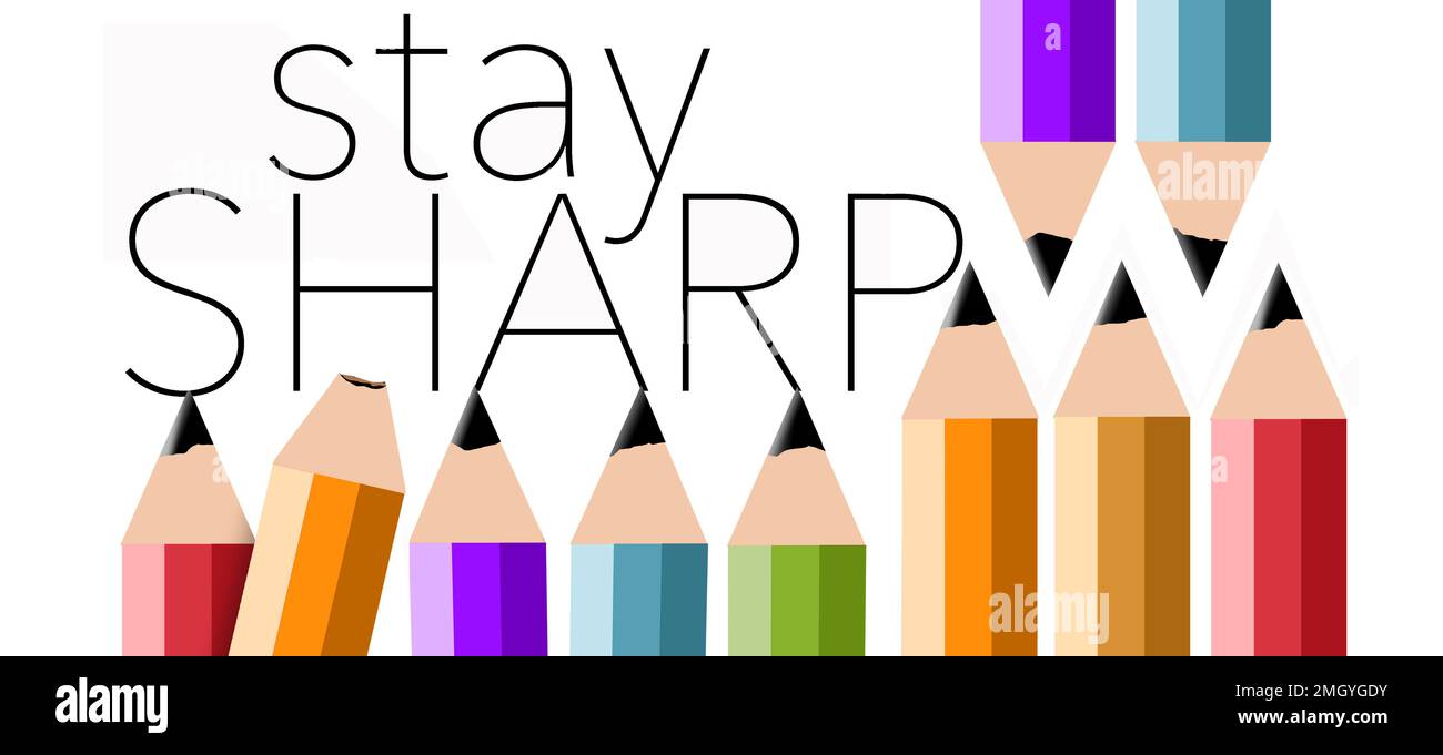 Le matite appuntite sono con le parole rimangono affilate mentre una matita opaca è anche presente in un'illustrazione 3-d circa l'acume di affari e la preparazione. Foto Stock