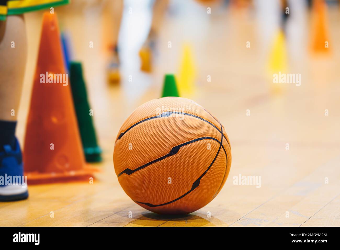 Palla da basket e coni da training. Attrezzatura da basket durante una sessione di allenamento. Giocatori in unità pratica in sfondo sfocato. Scuola di basket Foto Stock