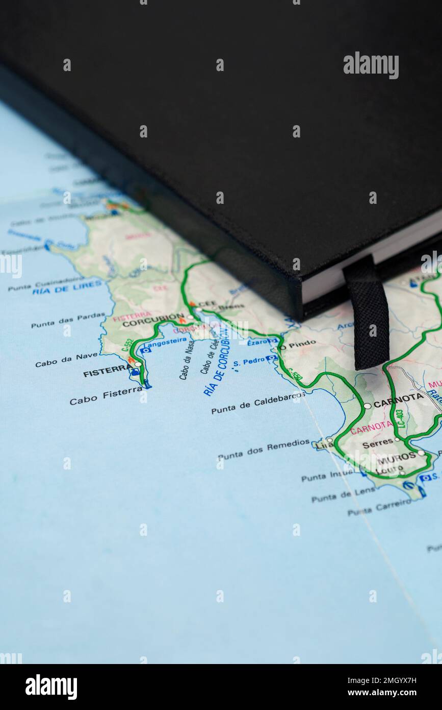mappa della costa della Galizia e notebook Foto Stock