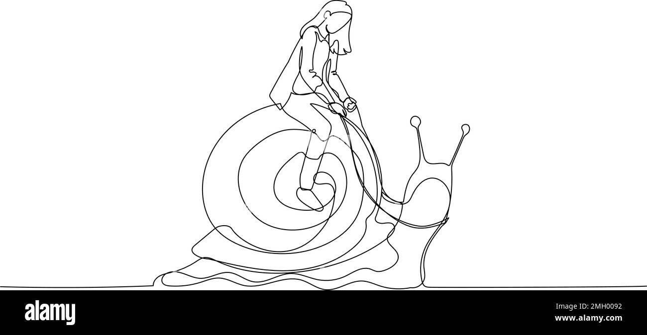Cartone animato di businesswoman equitazione lumaca concetto di lento sviluppo del business Illustrazione Vettoriale