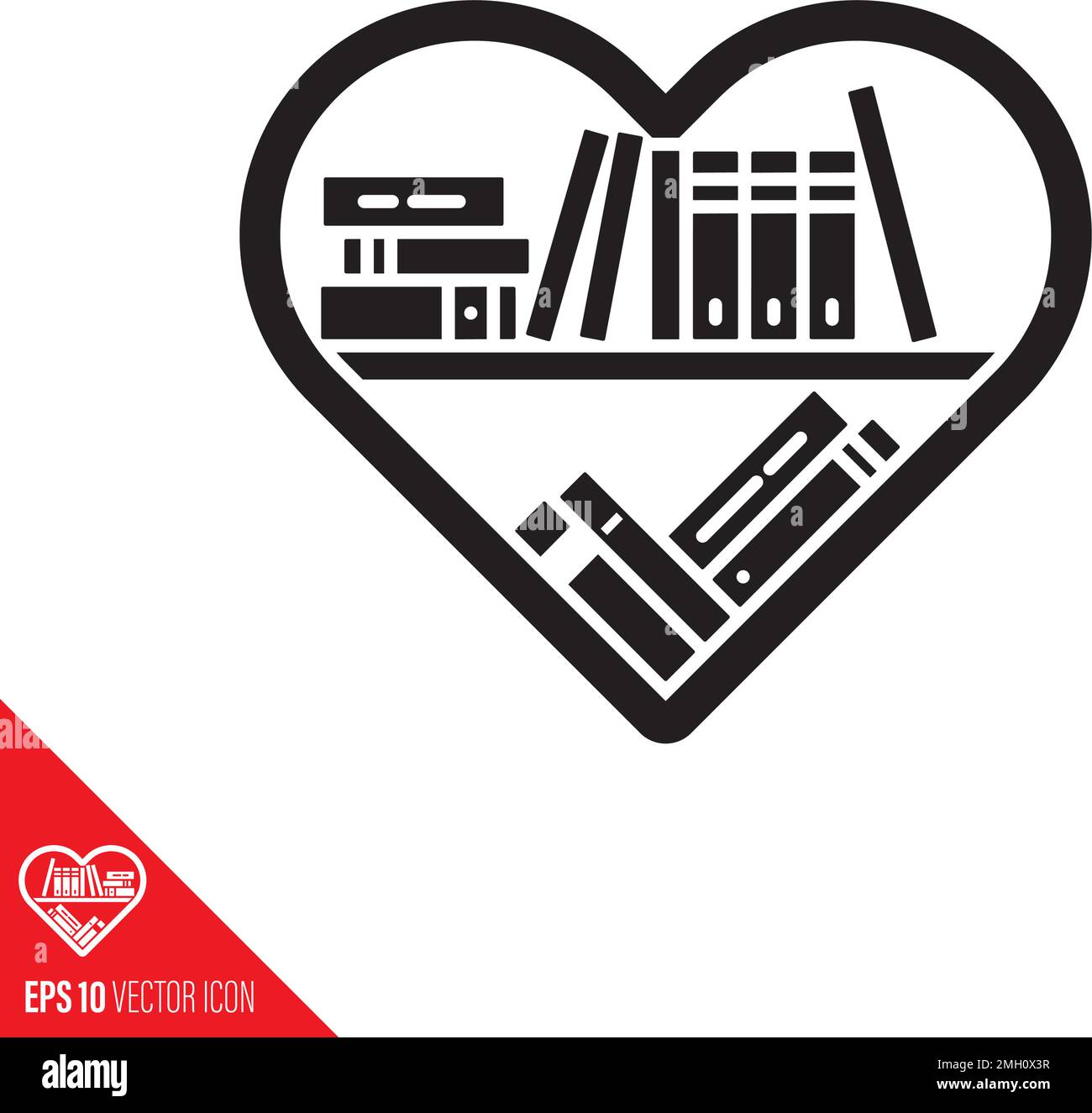 Libreria a forma di cuore con vari libri vettore glifo icona. Simbolo di apprezzamento della letteratura. Illustrazione Vettoriale