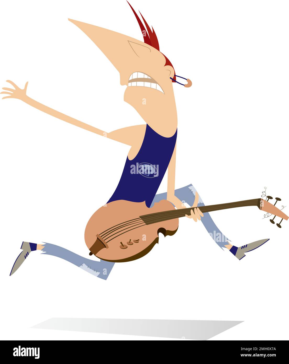 Illustrazione di un chitarrista cartoon. Divertente chitarrista con chitarra elettrica. Isolato su bianco Illustrazione Vettoriale