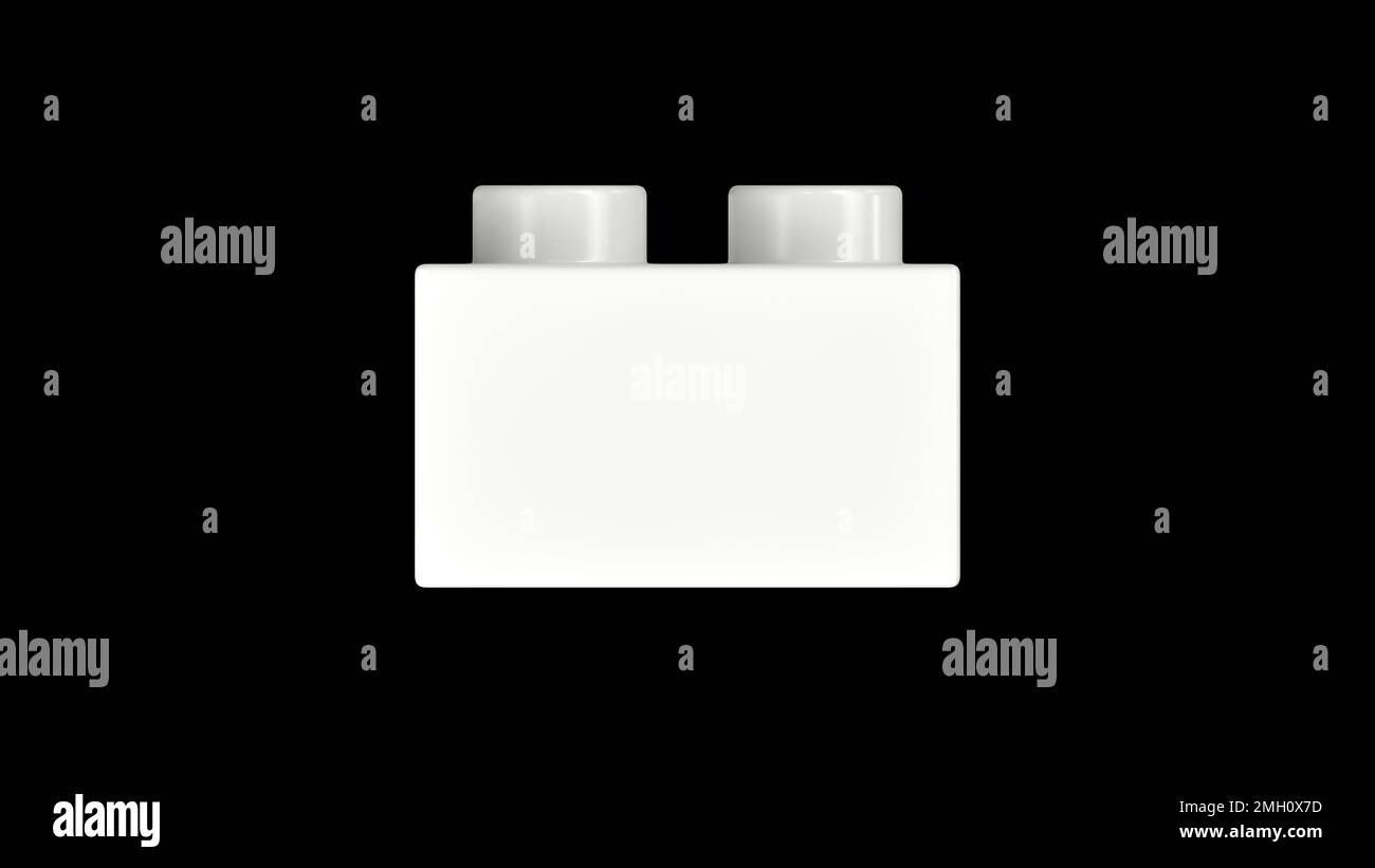 Blocco Lego bianco brillante isolato su sfondo nero. Vista ravvicinata di un mattone di plastica per bambini per costruttori, Vista laterale. Rendering 3D di alta qualità con un percorso di lavoro. 8K Ultra HD, 7680x4320 Foto Stock