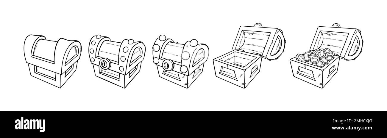 Scrigni di tesori con monete d'oro. Set di cassettoni in legno aperti e chiusi con soldi per i giochi. Illustrazione vettoriale isolata su sfondo bianco Illustrazione Vettoriale