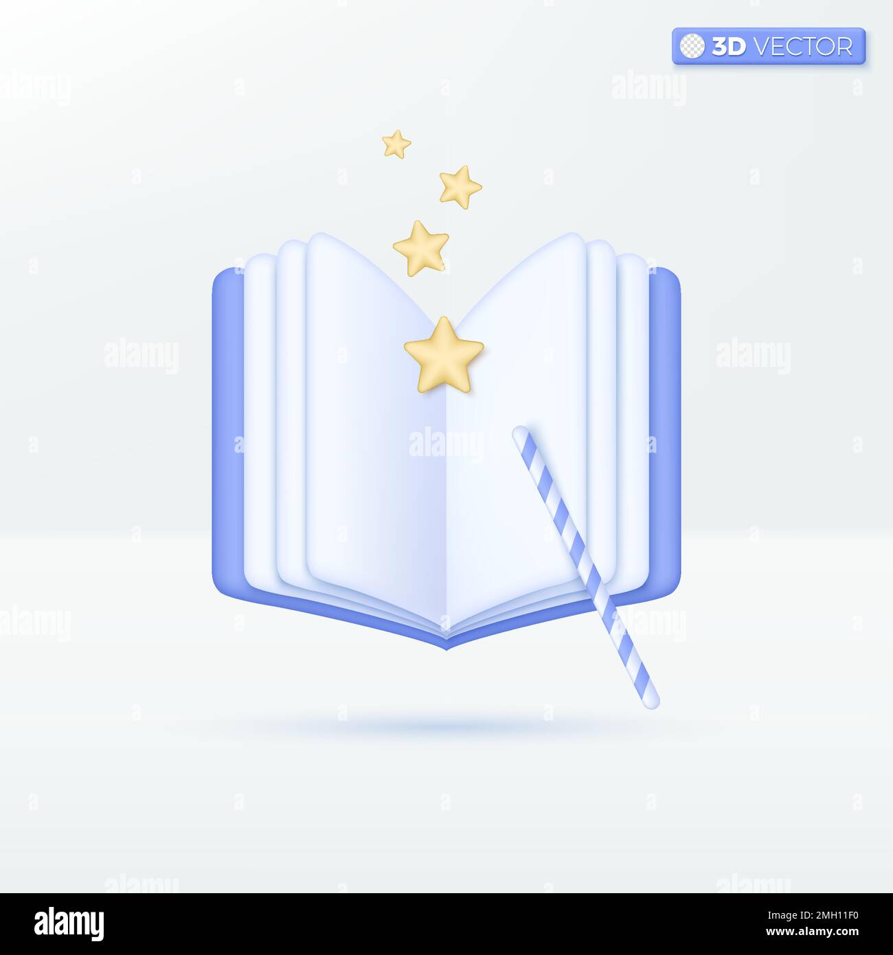 Apri il libro magico con la bacchetta magica e le stelle che volano fuori simbolo icona. Pittogramma fiabesco. Segno di potere di conoscenza. Concetto di mondo fantasy. 3D isola vettoriale Illustrazione Vettoriale