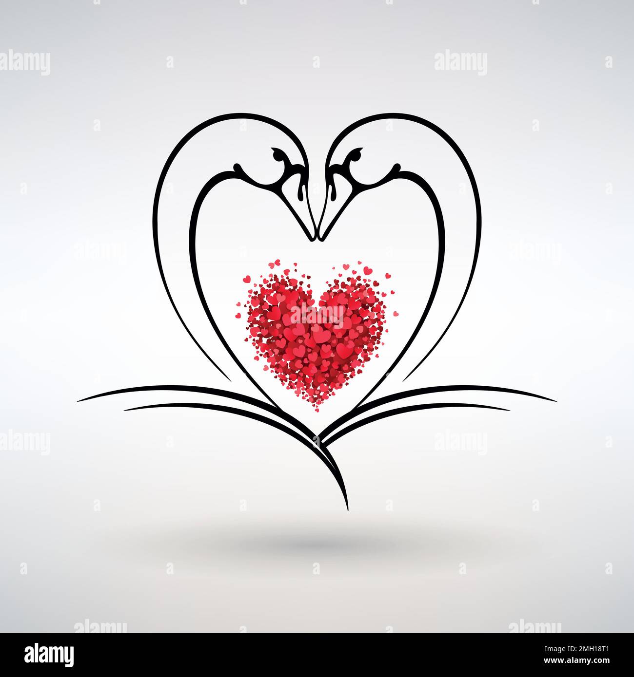 cigni con cuori rossi simbolo di amore e passione su sfondo chiaro Illustrazione Vettoriale