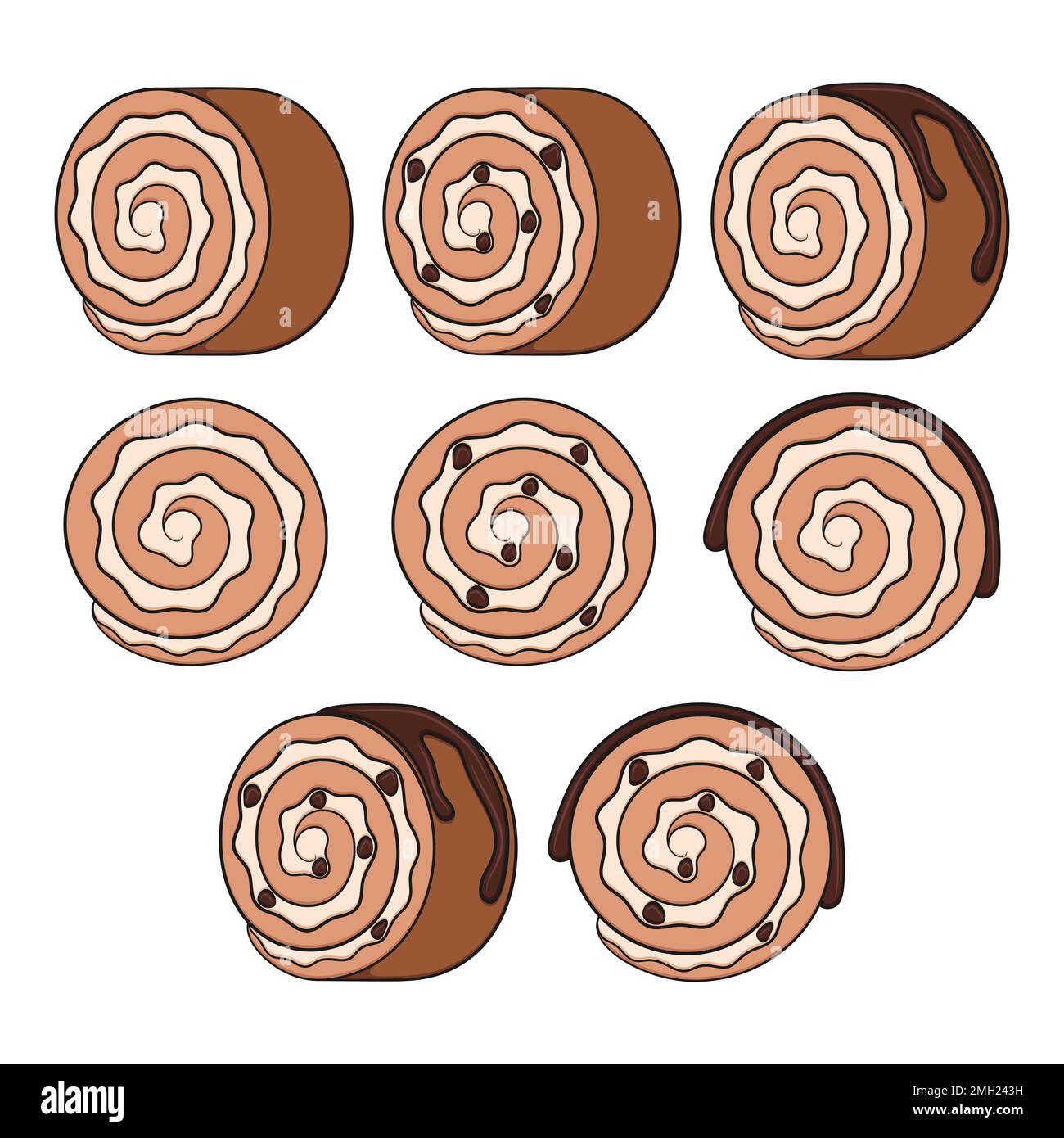 Set di illustrazioni a colori con rotolo di torta al cioccolato. Oggetti vettoriali isolati su sfondo bianco. Illustrazione Vettoriale