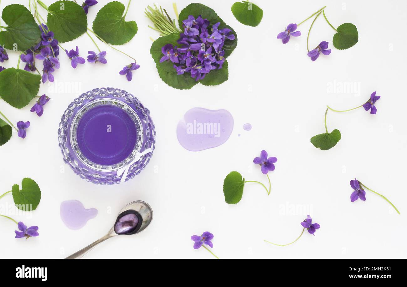 Sciroppo e gelatina di viola odorata fiori in vetro, cucchiaio e viola fiore fresco con foglie decorative disposte su tavolo bianco. Gelatina viola di erbe Foto Stock