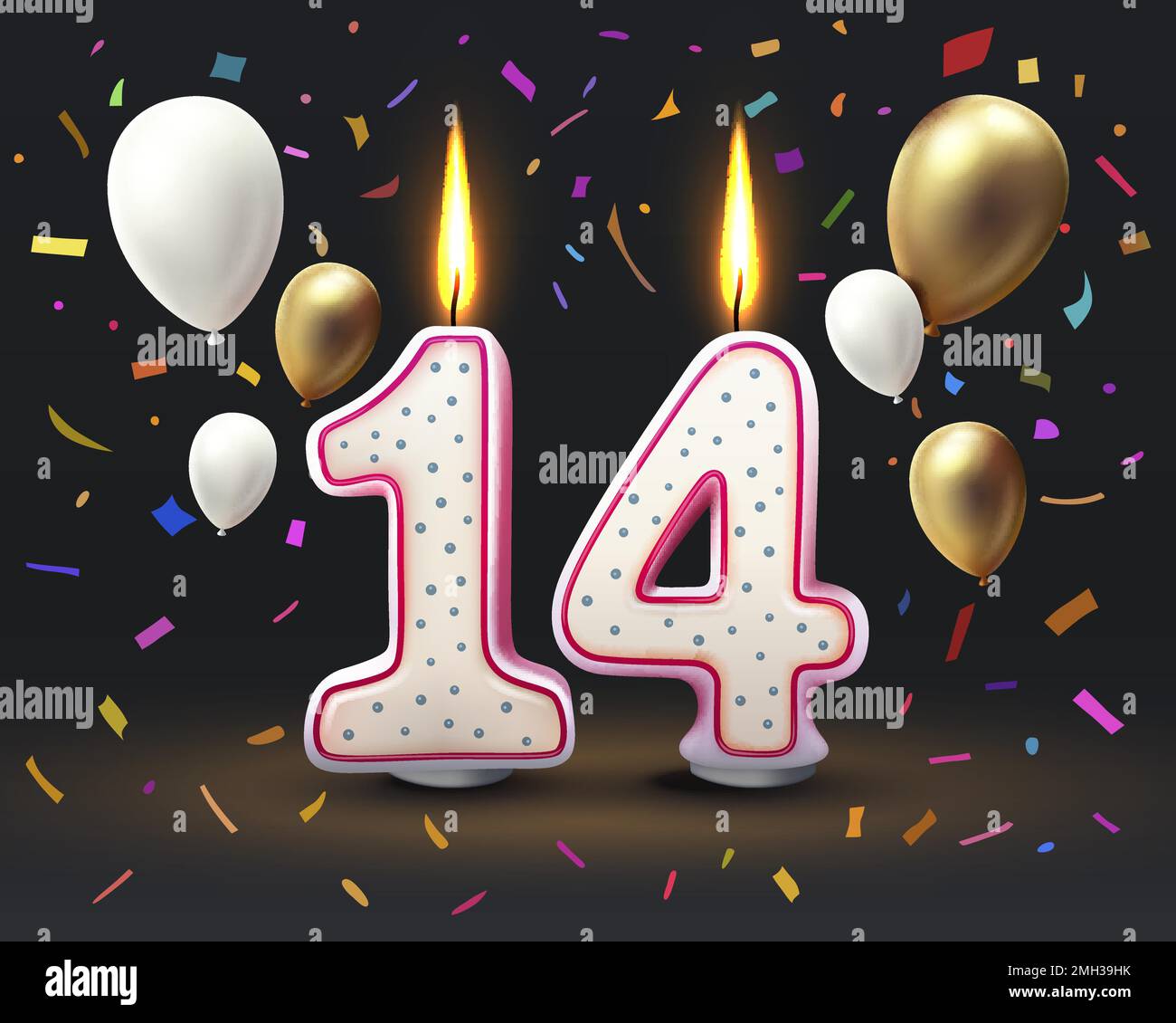 Buon compleanno anni. 14 anniversario del compleanno, candela in forma di numeri. Illustrazione vettoriale Illustrazione Vettoriale