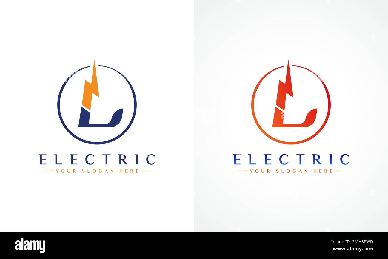 Logo lettera L con design vettoriale Lightning Thunder Bolt. Illustrazione del vettore logo lettera L con bullone elettrico. Illustrazione Vettoriale