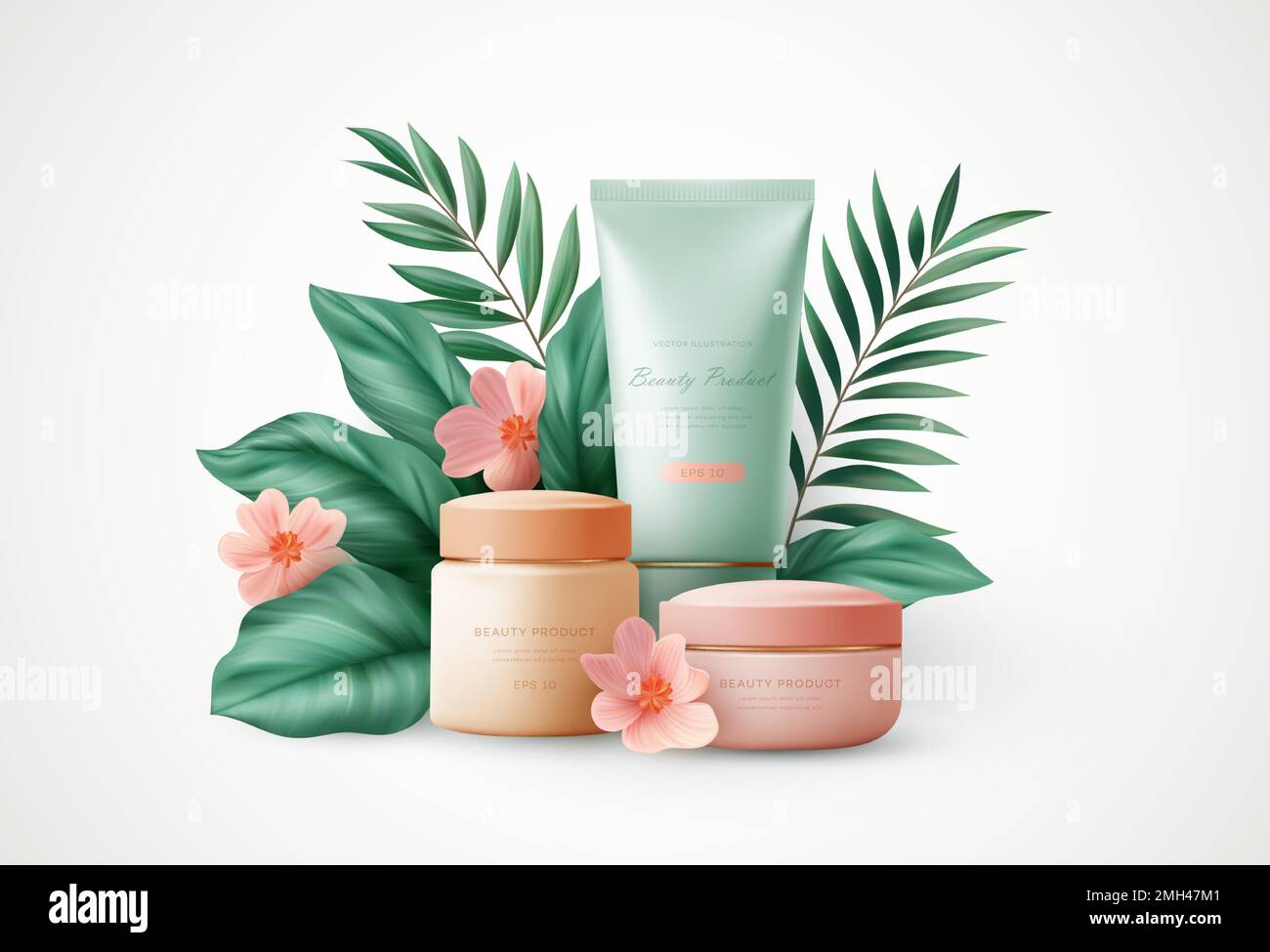 3D scena realistica di prodotti cosmetici e foglie di palma tropicale. Progettazione di siti Web, Landing della pagina del negozio di cosmetici. Illustrazione vettoriale Illustrazione Vettoriale