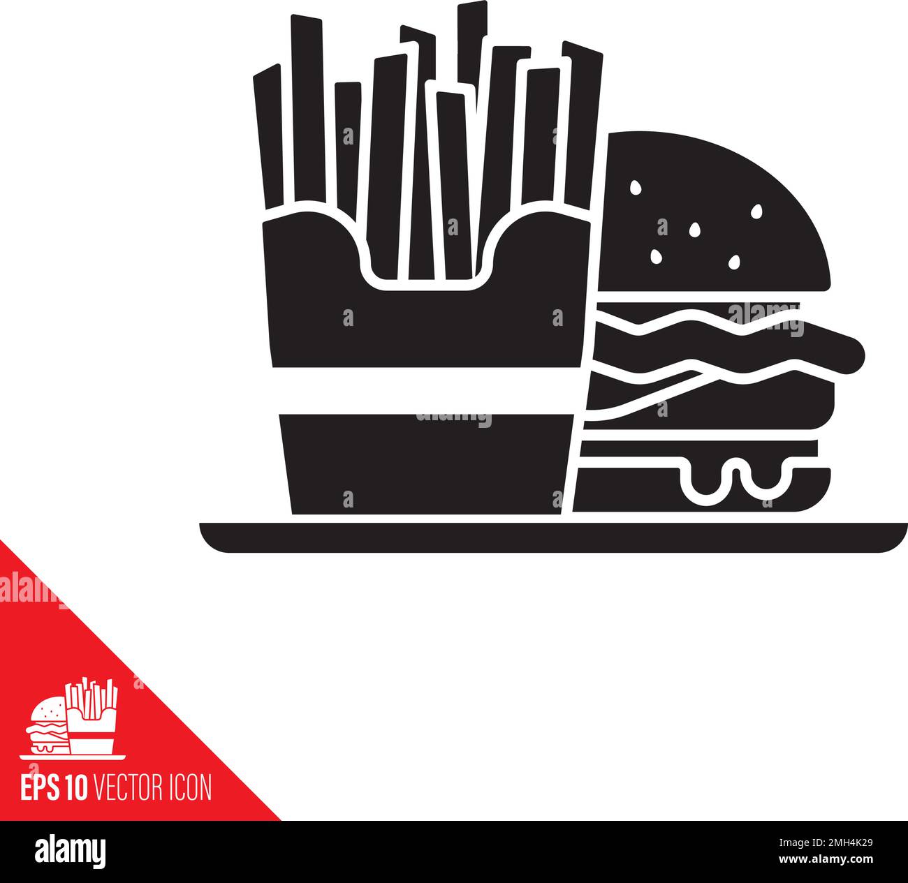 Scatola di patatine fritte e hamburger su icona vettore vassoio. Simbolo del pasto fast food. Illustrazione Vettoriale