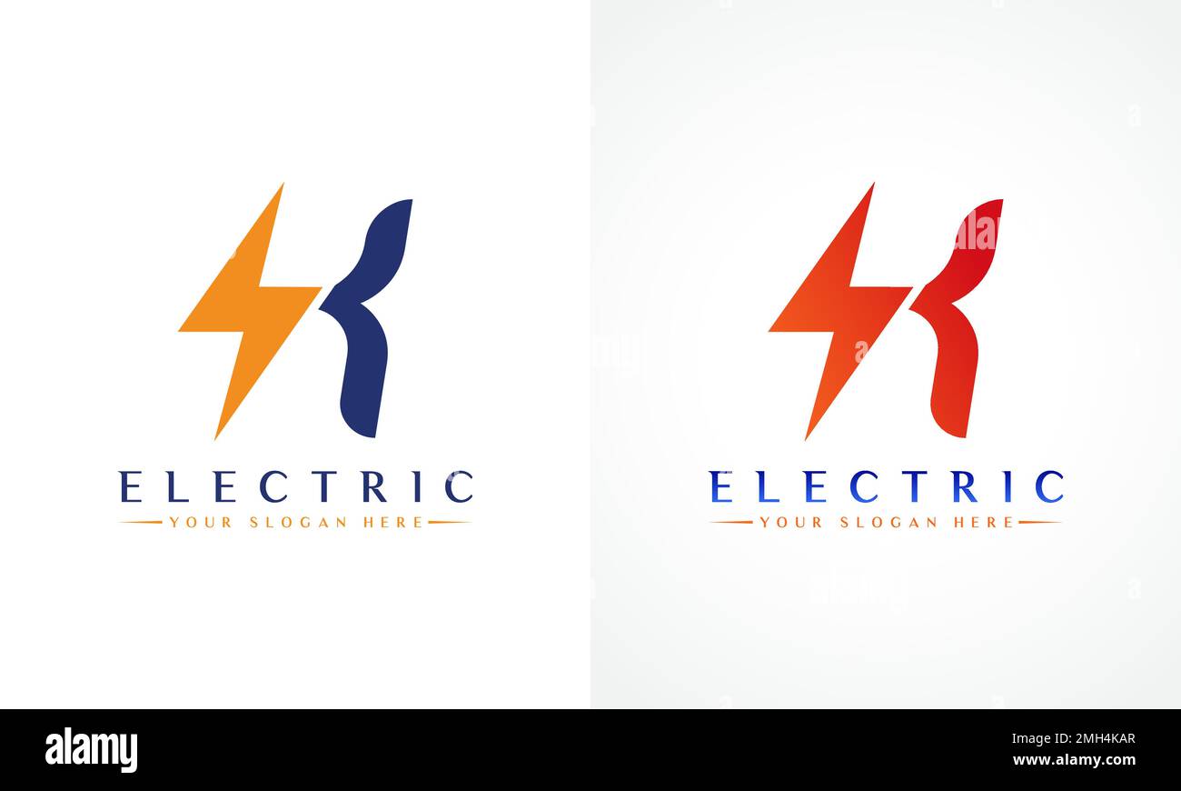 Logo lettera K con design vettoriale Lightning Thunder Bolt. Illustrazione vettoriale del logo lettera K del bullone elettrico. Illustrazione Vettoriale