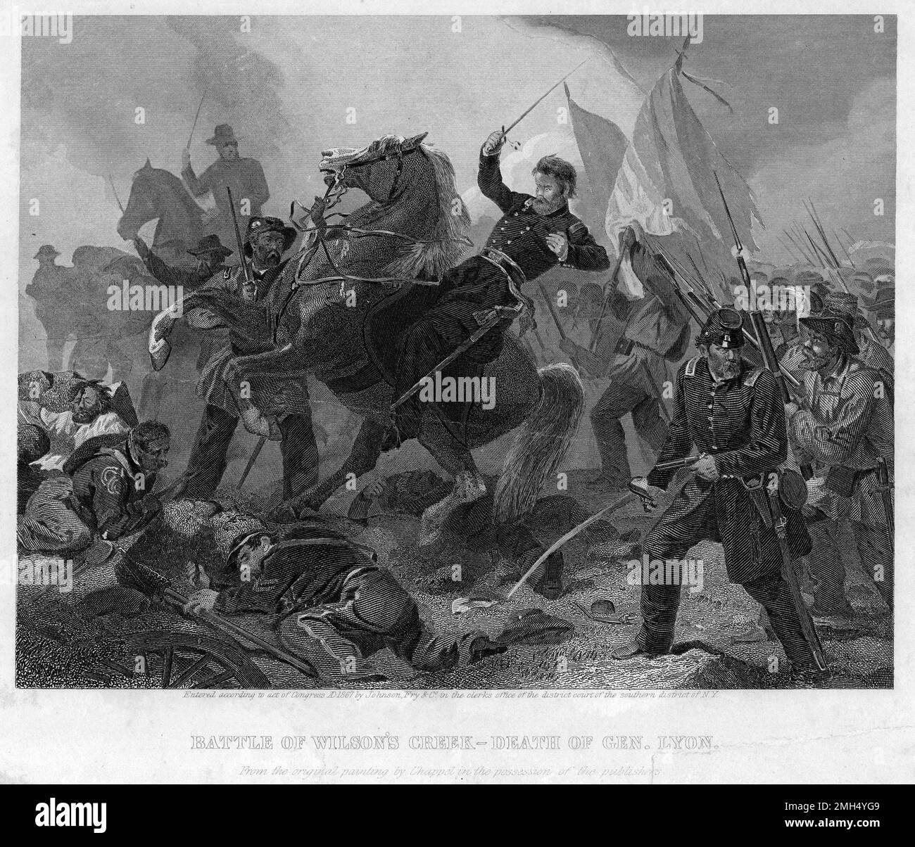 La Battaglia di Wilson's Creek, conosciuta anche come Battaglia di Oak Hills, fu una battaglia importante nei primi mesi della guerra civile americana che ebbe luogo il 10th agosto 1861. Le forze unionisie sotto Nathaniel Lyon e Samuel D. Sturgis perse ai confederati sotto Sterling Price e Benjamin McCulloch. Il generale Lione è stato ucciso durante la lotta. Questa immagine raffigura la morte, durante una carica di cavalleria, di Lione. Foto Stock