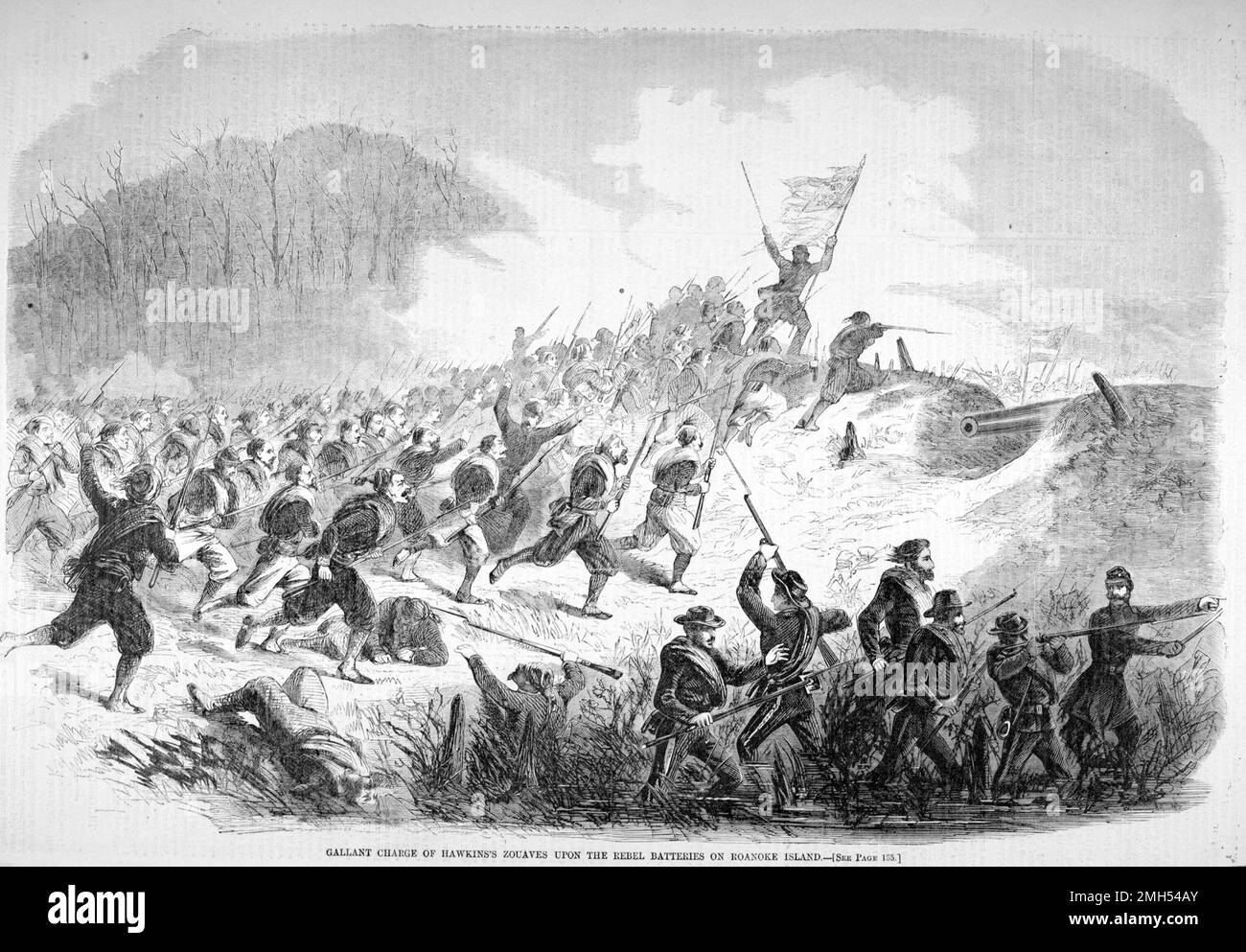La battaglia di Roanoke Island fu una battaglia nella guerra civile americana combattuta il 7-8th febbraio 1862 nella Carolina del Nord. Fu un assalto anfibio unionista sotto il comando di Ambrose Burnside, e fu una vittoria unionista quando l'isola fu catturata. L'immagine raffigura una carica di Zouaves di Hawkins Foto Stock