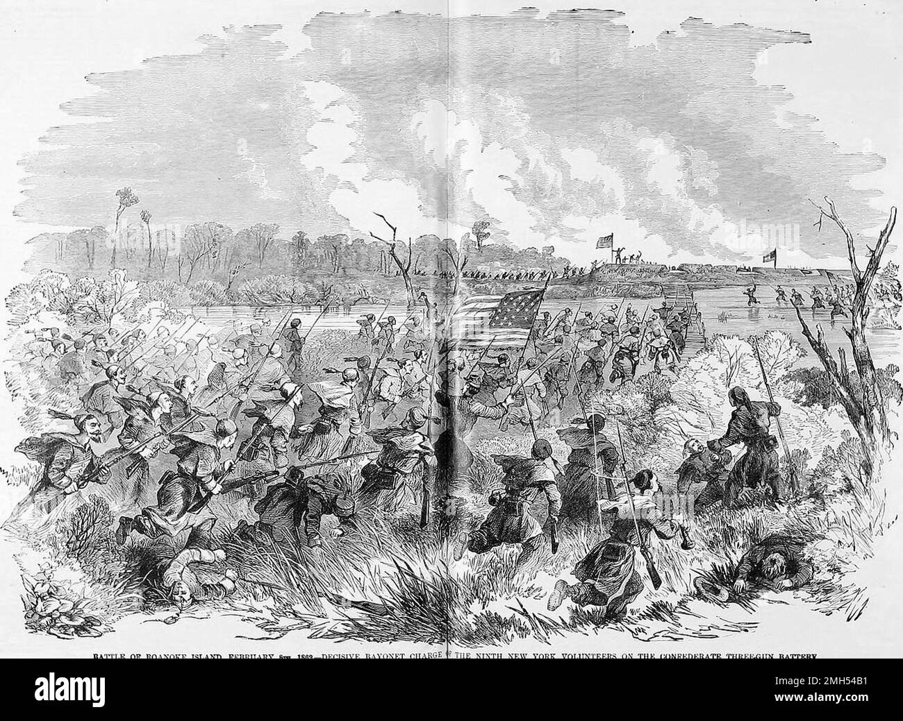 La battaglia di Roanoke Island fu una battaglia nella guerra civile americana combattuta il 7-8th febbraio 1862 nella Carolina del Nord. Fu un assalto anfibio unionista sotto il comando di Ambrose Burnside, e fu una vittoria unionista quando l'isola fu catturata. L'immagine raffigura la carica a baionetta dei New York Volontarii (Hawkins Zouaves) sulla batteria a tre armi Foto Stock