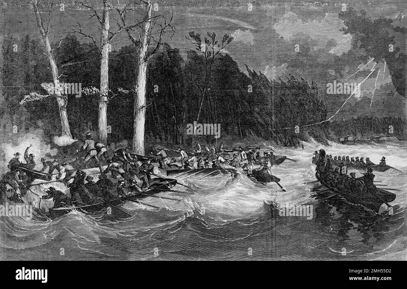 La Battaglia dell'isola numero 10 fu una battaglia nella guerra civile americana combattuta il 28th febbraio-aprile 8th 1862 in Kentucky. Fu un assalto anfibio unionista all'Isola numero 10 che tenne una posizione dominante nel fiume Mississippi. L'assalto fu sotto il comando di Giovanni Papa, e fu una vittoria unionista quando l'isola fu catturata. L'immagine raffigura un raid notturno sull'isola da parte delle forze unioniste. Foto Stock