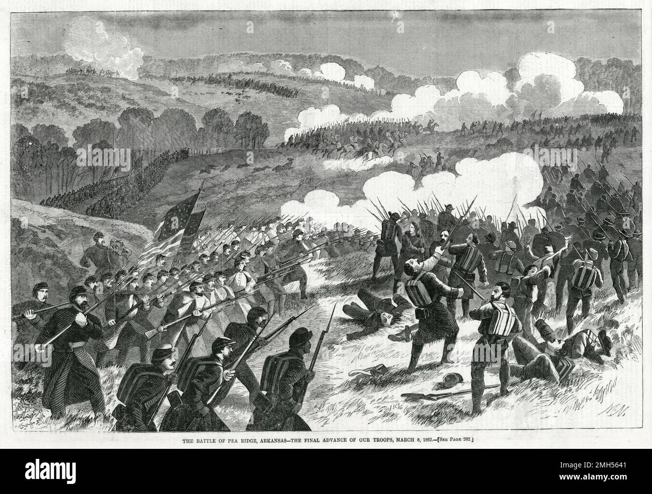 La Battaglia di Pea Ridge (la Battaglia di Elkhorn Tavern) fu una battaglia della guerra civile americana combattuta il 7-8th marzo 1862 in Arkansas. L'assalto era sotto il comando di Samuel Curtis, ed era una vittoria unionista. L'immagine raffigura l'avanzamento finale delle truppe unioniste. Foto Stock