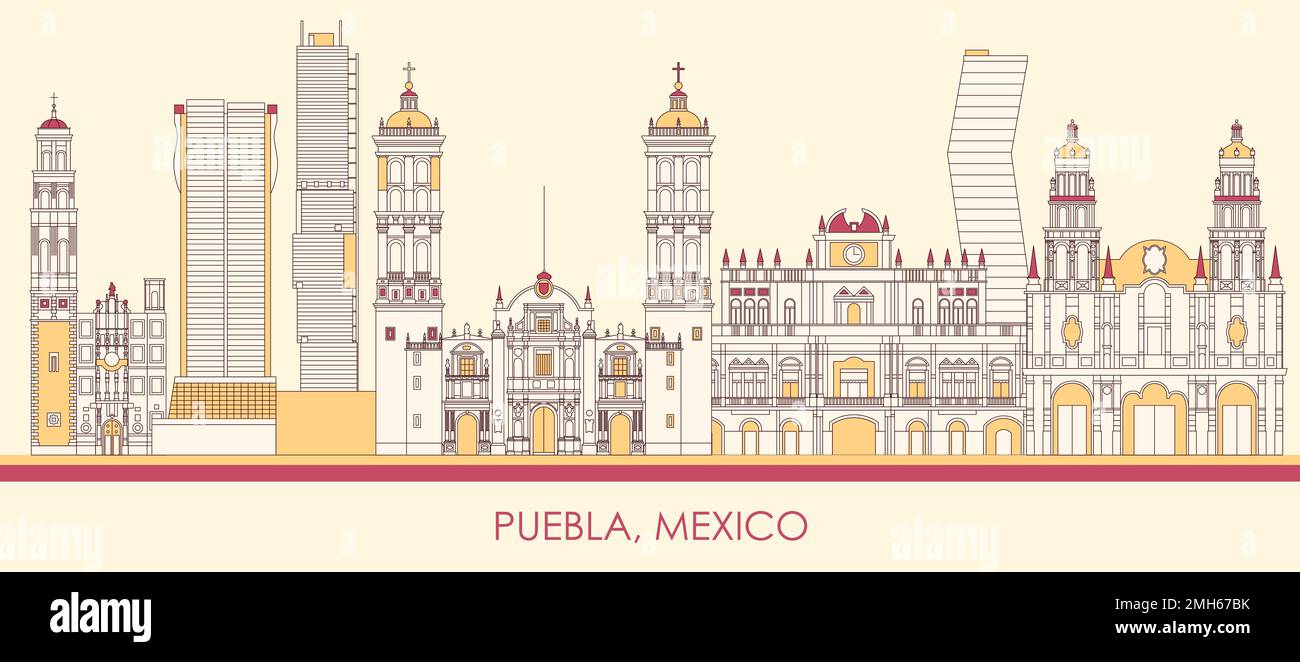 Panorama di Cartoon Skyline della città di Puebla, Messico - illustrazione vettoriale Illustrazione Vettoriale