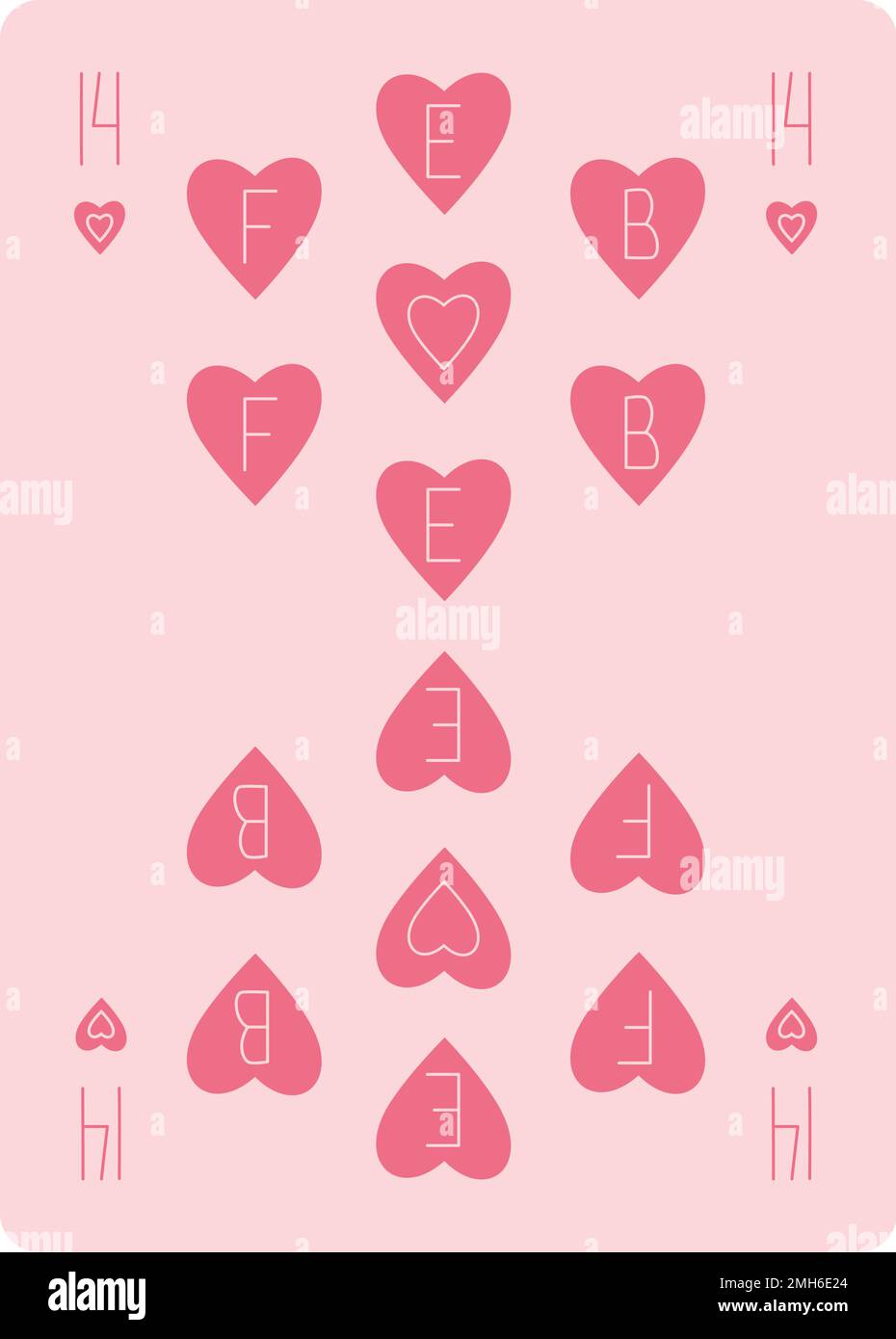 Disegno della carta da gioco per San Valentino con il numero 14, cuori e scritta feb in tenue sfumature rosa alla moda. Isolare. Ideale per lettere, auguri, biglietti d'invito o poster, banner, etichette o etichette. EPS Illustrazione Vettoriale
