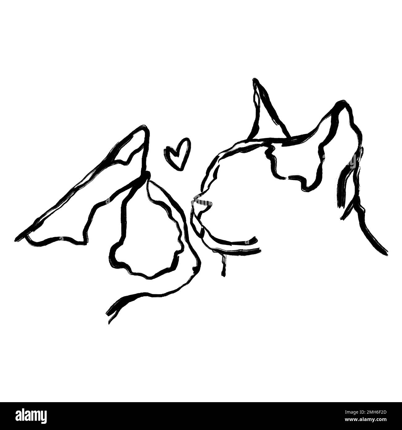 Gatti coppia disegno a mano illustrazione. San Valentino art. Due disegni astratti delle testine di gatto. Innamorato Foto Stock