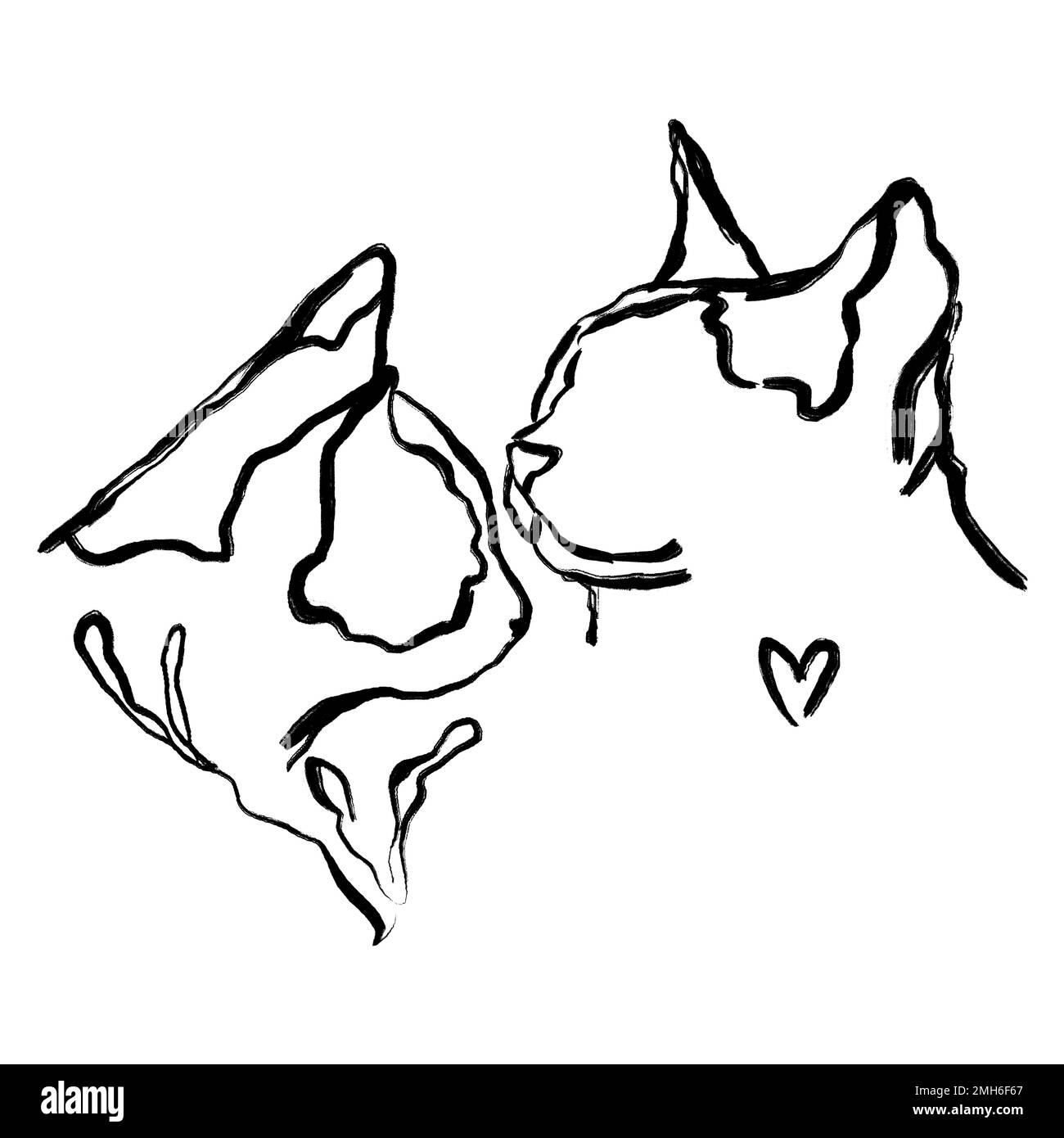 Coppia di gatti disegnati a mano. Illustrazione astratta dei gatti floreali. San Valentino art. Due disegni astratti delle testine di gatto. Innamorato Foto Stock